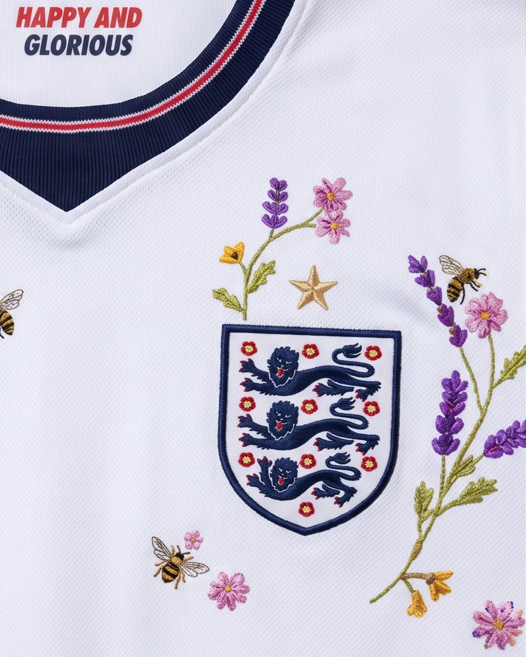 Close-up England Three Lions badge with hand-embroidered lavender branches, pink daisy wildflowers and honey bees in flight — artisanal botanical embroidery Paris & Versailles — VOLTA