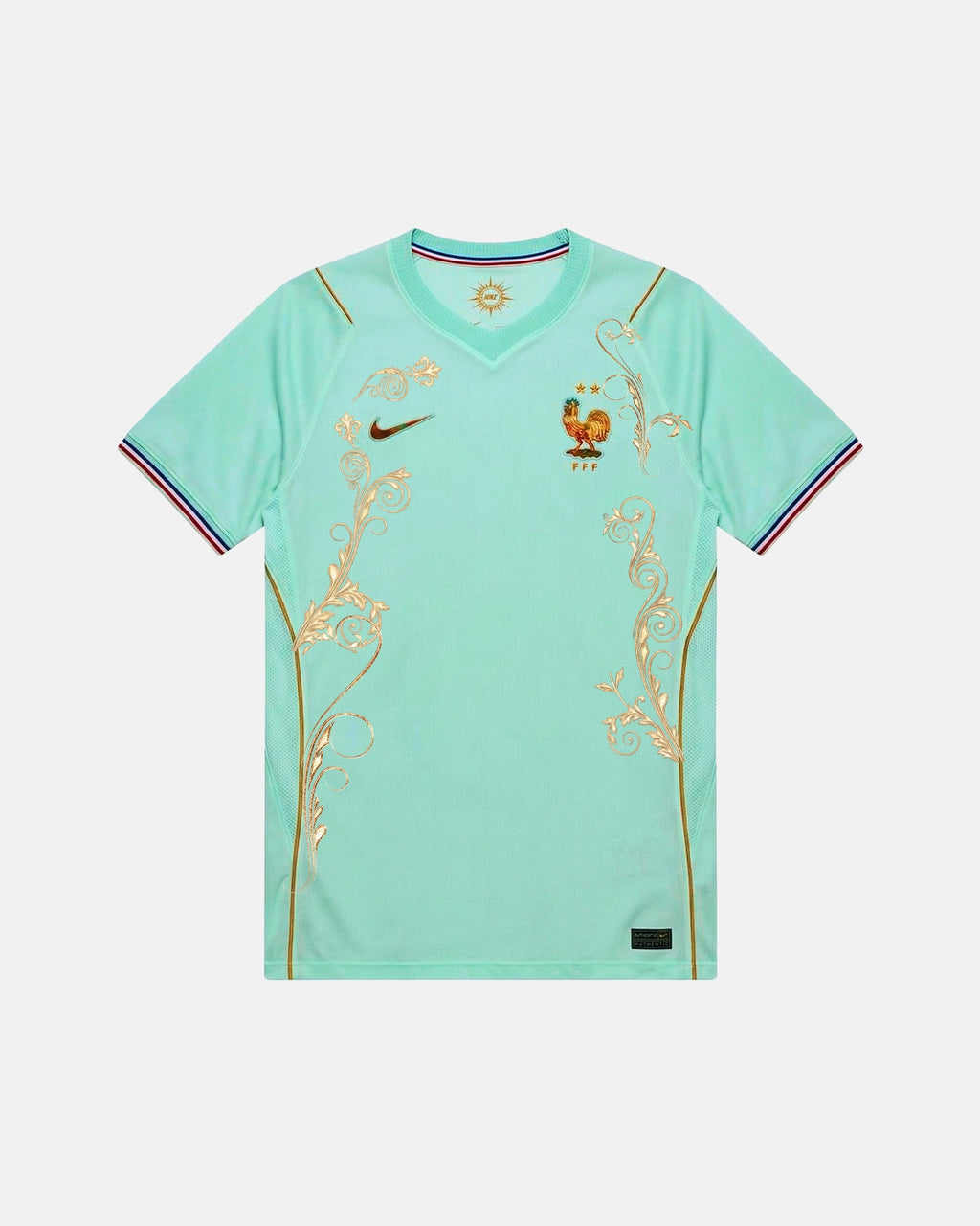 Full front view of the France Concept Jersey (Versailles Gold Edition), showing the mint green base with hand-embroidered golden baroque filigree art.