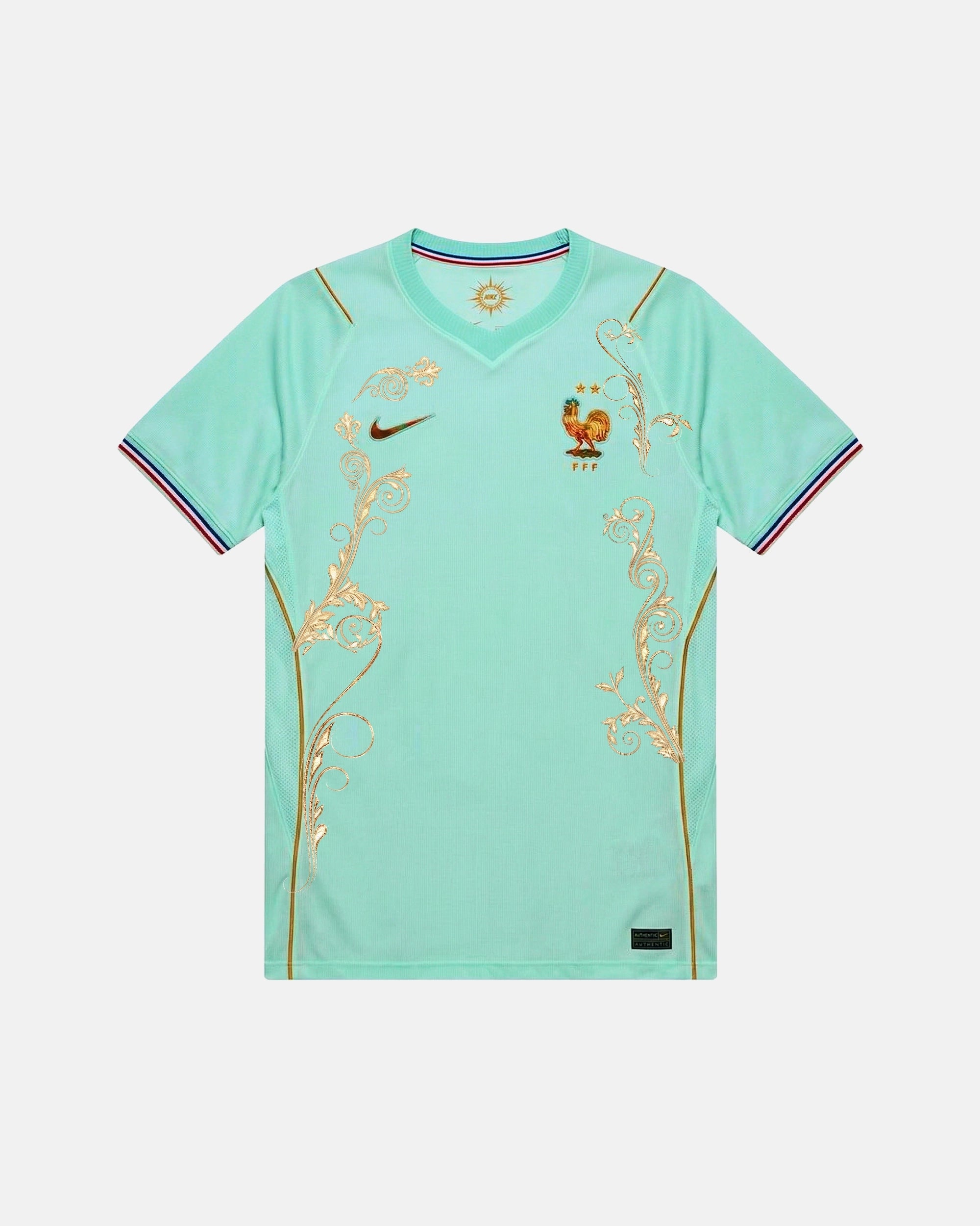 Full front view of the France Concept Jersey (Versailles Gold Edition), showing the mint green base with hand-embroidered golden baroque filigree art.