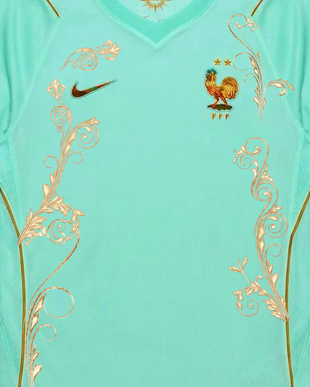 Mid-shot detail of the France Embroidered Jersey, illustrating the intricate gold thread rococo scrollwork surrounding the double-starred French national crest.