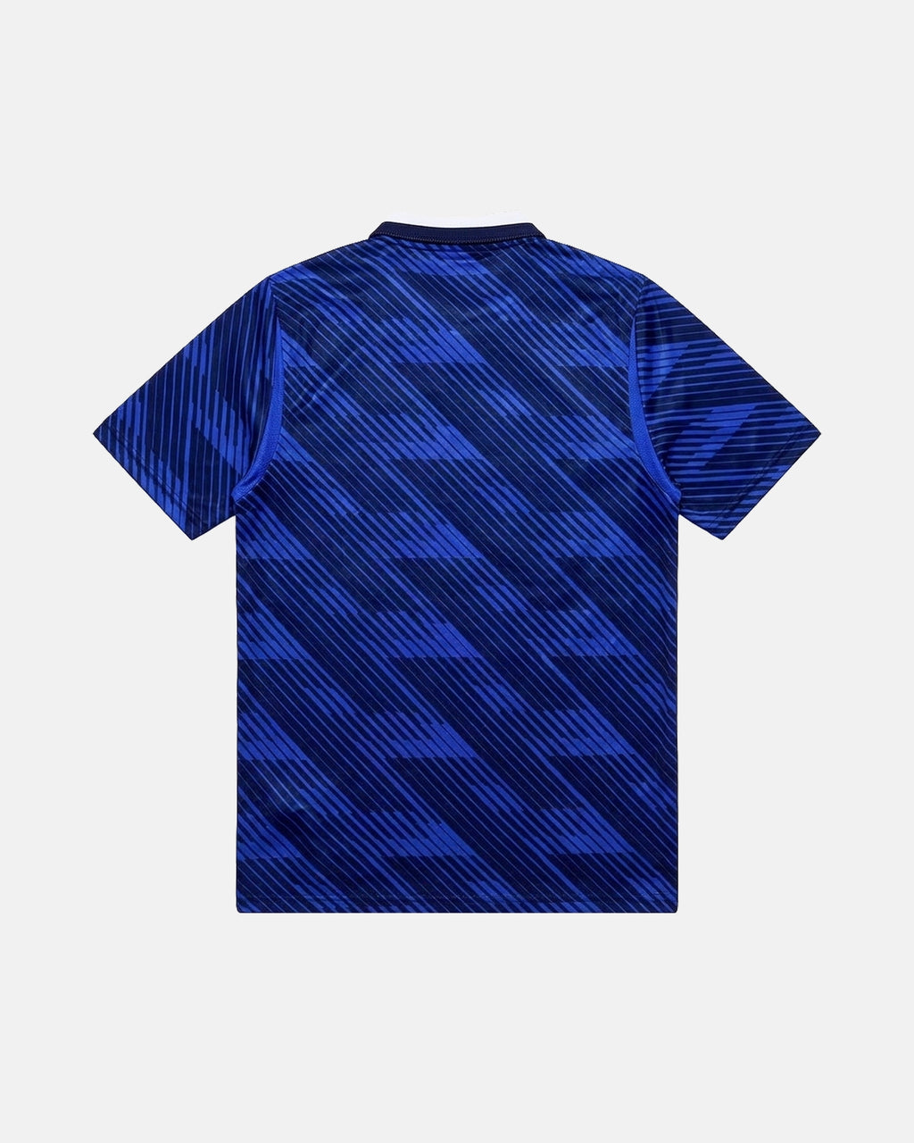 Full Back View Of The France Home 2026 Jersey Revisited Base, Highlighting The Sublimated Tonal Blue Diagonal Geometric Pattern and Minimalist Clean Back Profile.