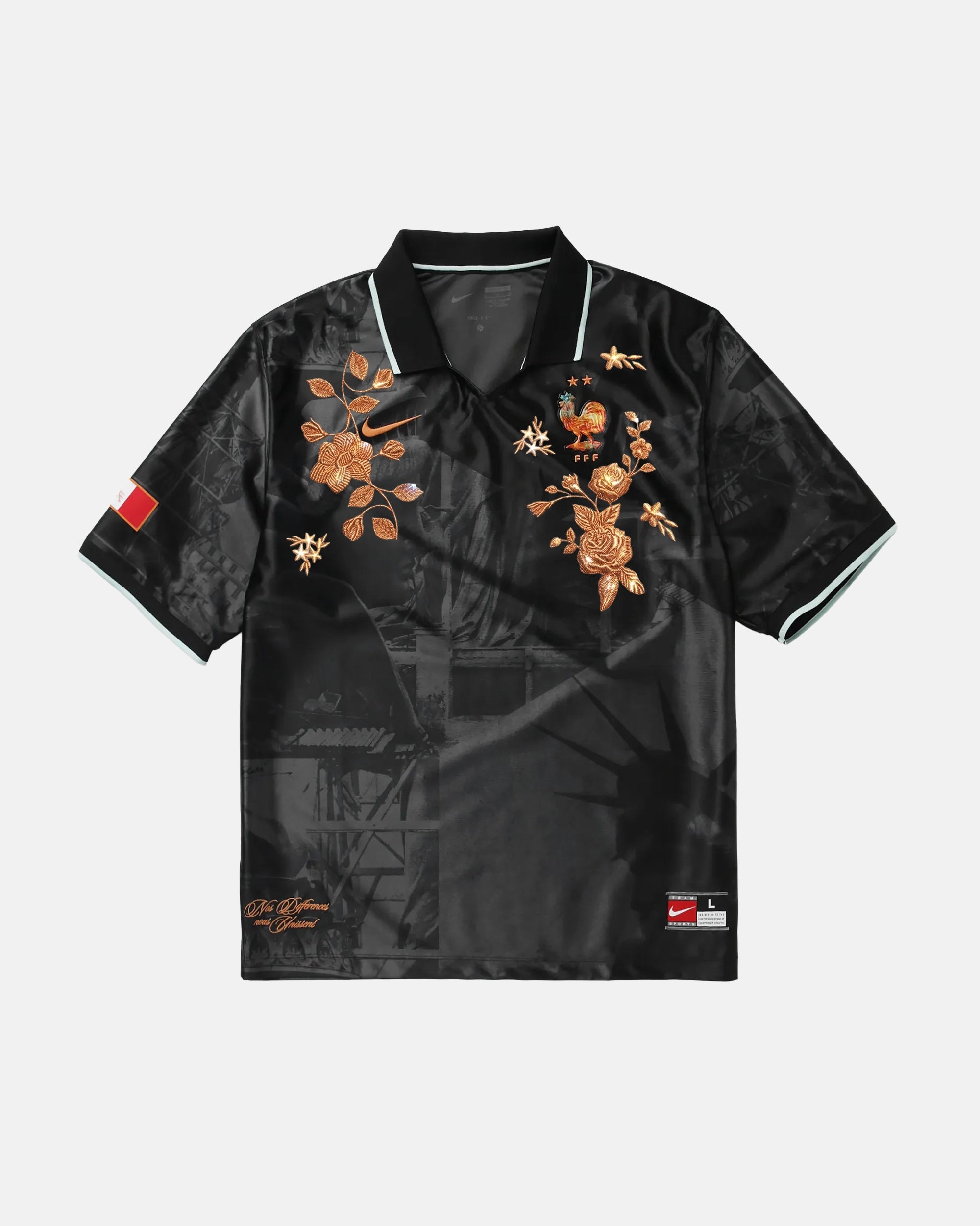 France hand-embroidered black concept jersey front view — bronze roses, botanical art and Nos Différences nous Unissent inscription on authentic black heritage photographic base — VOLTA Nos Différences Edition