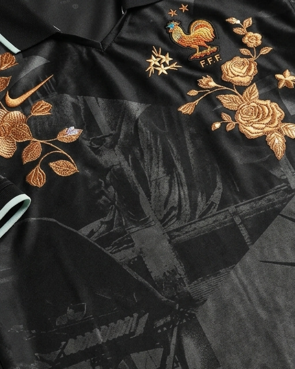 France FFF badge with hand-embroidered bronze roses and tonal Paris heritage architectural photographic montage on black concept jersey — VOLTA Nos Différences Edition