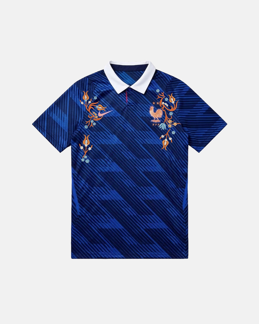 Full Front View Of The Bespoke France World Cup 2026 Jersey Reimagined, Showcasing The Blue Geometric Base, White Polo Collar, And Coppery Floral Embroidery.