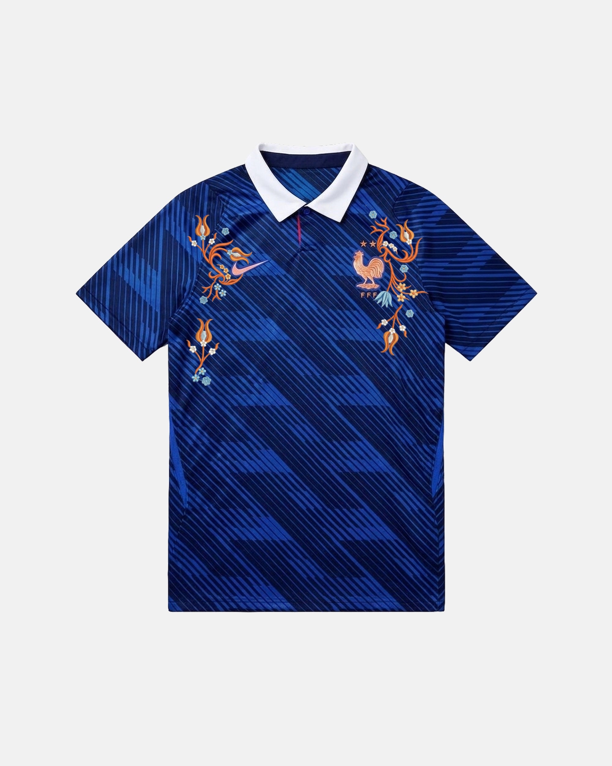 Full Front View Of The Bespoke France World Cup 2026 Jersey Reimagined, Showcasing The Blue Geometric Base, White Polo Collar, And Coppery Floral Embroidery.