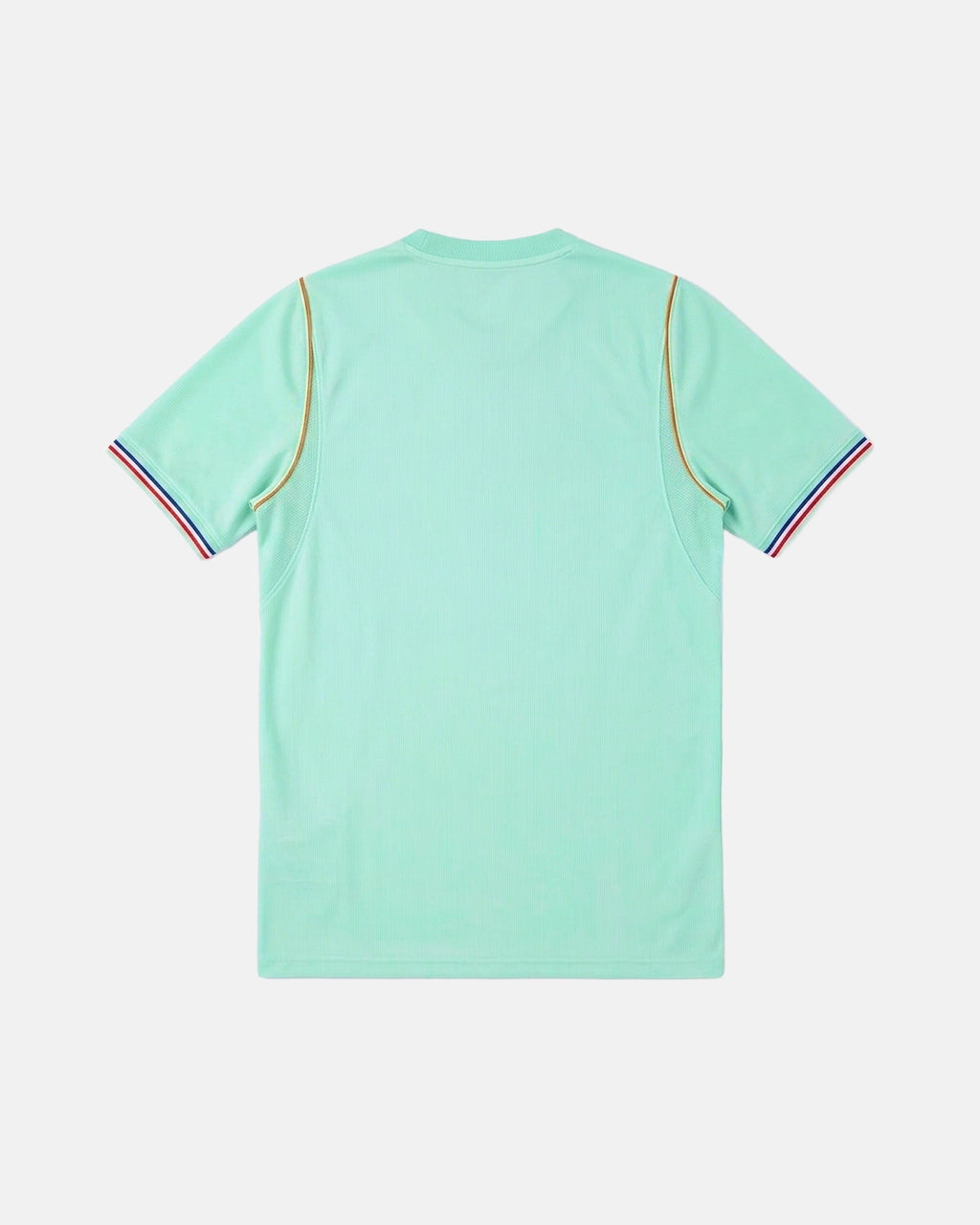 Full back view of the France World Cup Jersey 2026 Reimagined, showing the minimalist mint green fabric and tricolour ribbed collar detailing.