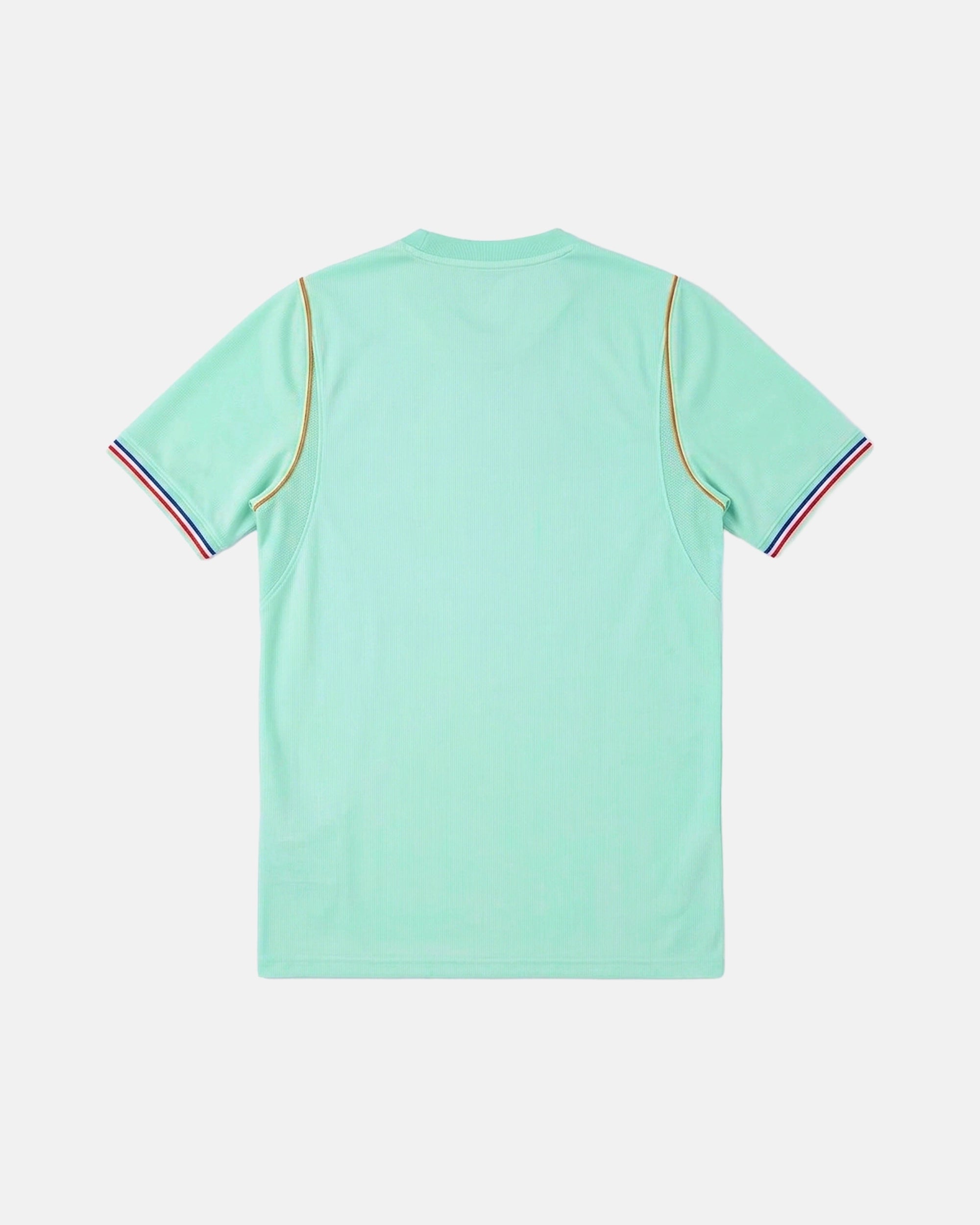 Full back view of the France World Cup Jersey 2026 Reimagined, showing the minimalist mint green fabric and tricolour ribbed collar detailing.