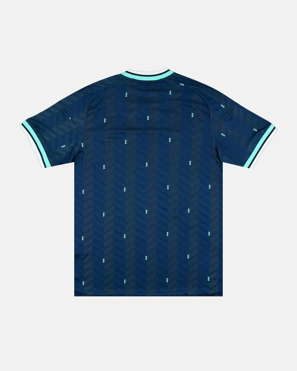 Full Back View Of The Germany Away 2026 Jersey Revisited Base, Highlighting The Sublimated Navy Chevron Pattern and Mint Green Diamond Details.
