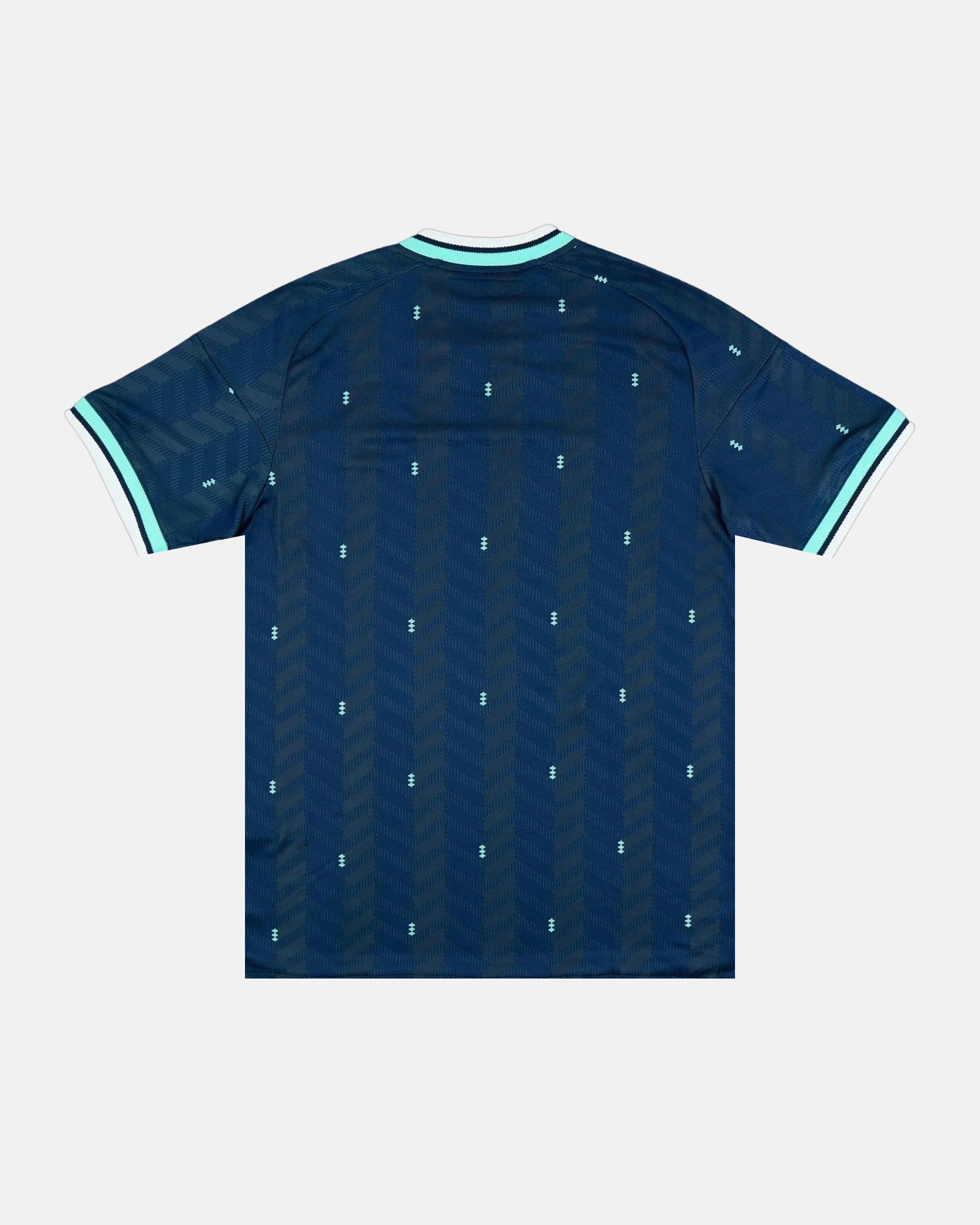 Full Back View Of The Germany Away 2026 Jersey Revisited Base, Highlighting The Sublimated Navy Chevron Pattern and Mint Green Diamond Details.