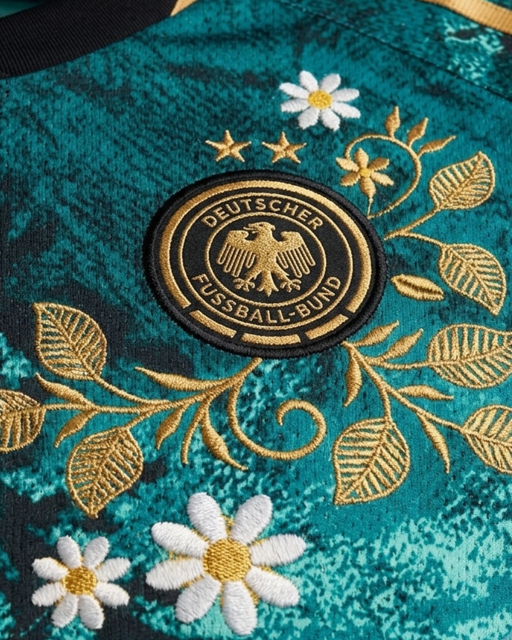 Hand-embroidered golden botanical crown surrounding DFB badge with white daisies — Germany 'Schwarzwald' Edition — VOLTA Paris