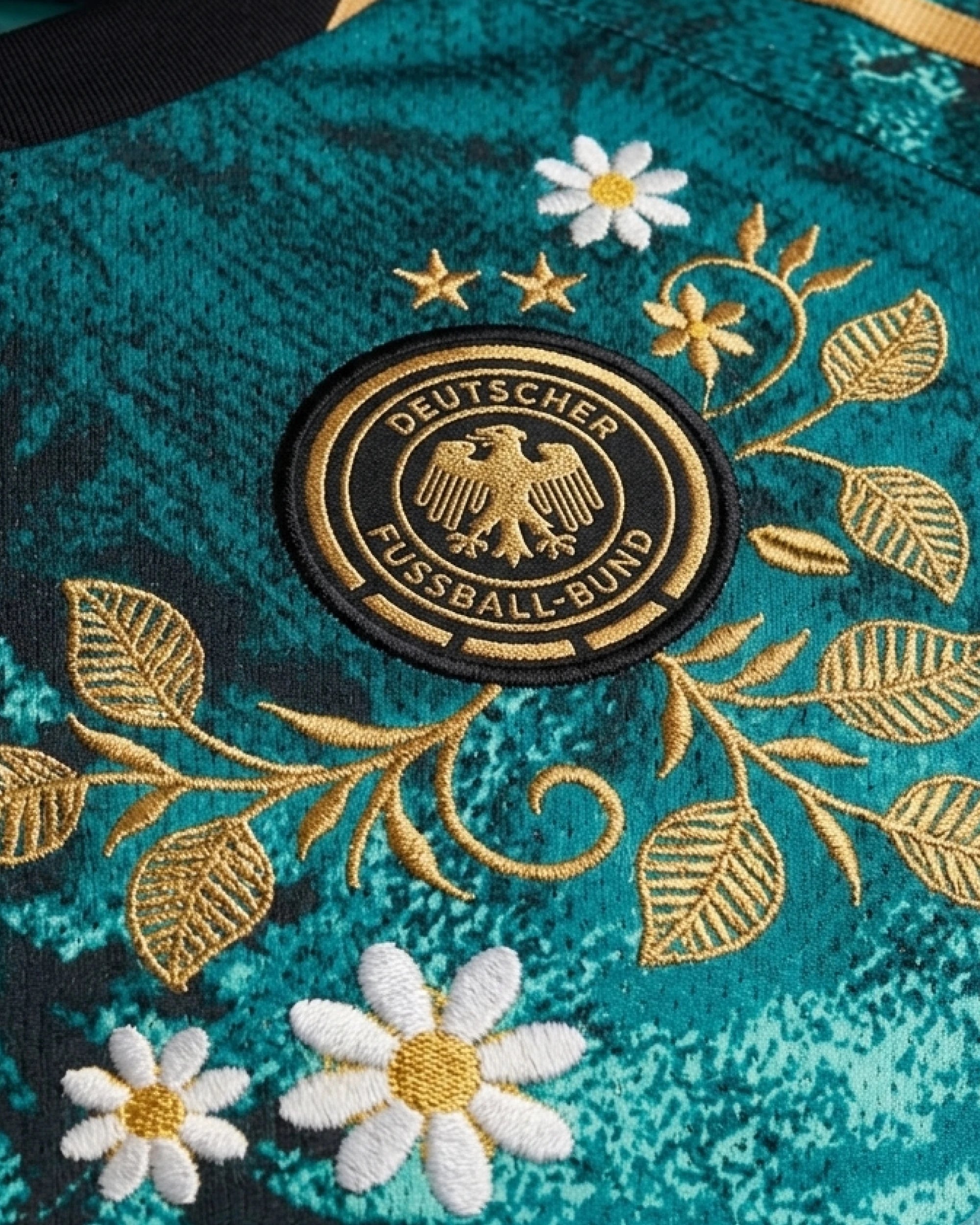 Hand-embroidered golden botanical crown surrounding DFB badge with white daisies — Germany 'Schwarzwald' Edition — VOLTA Paris