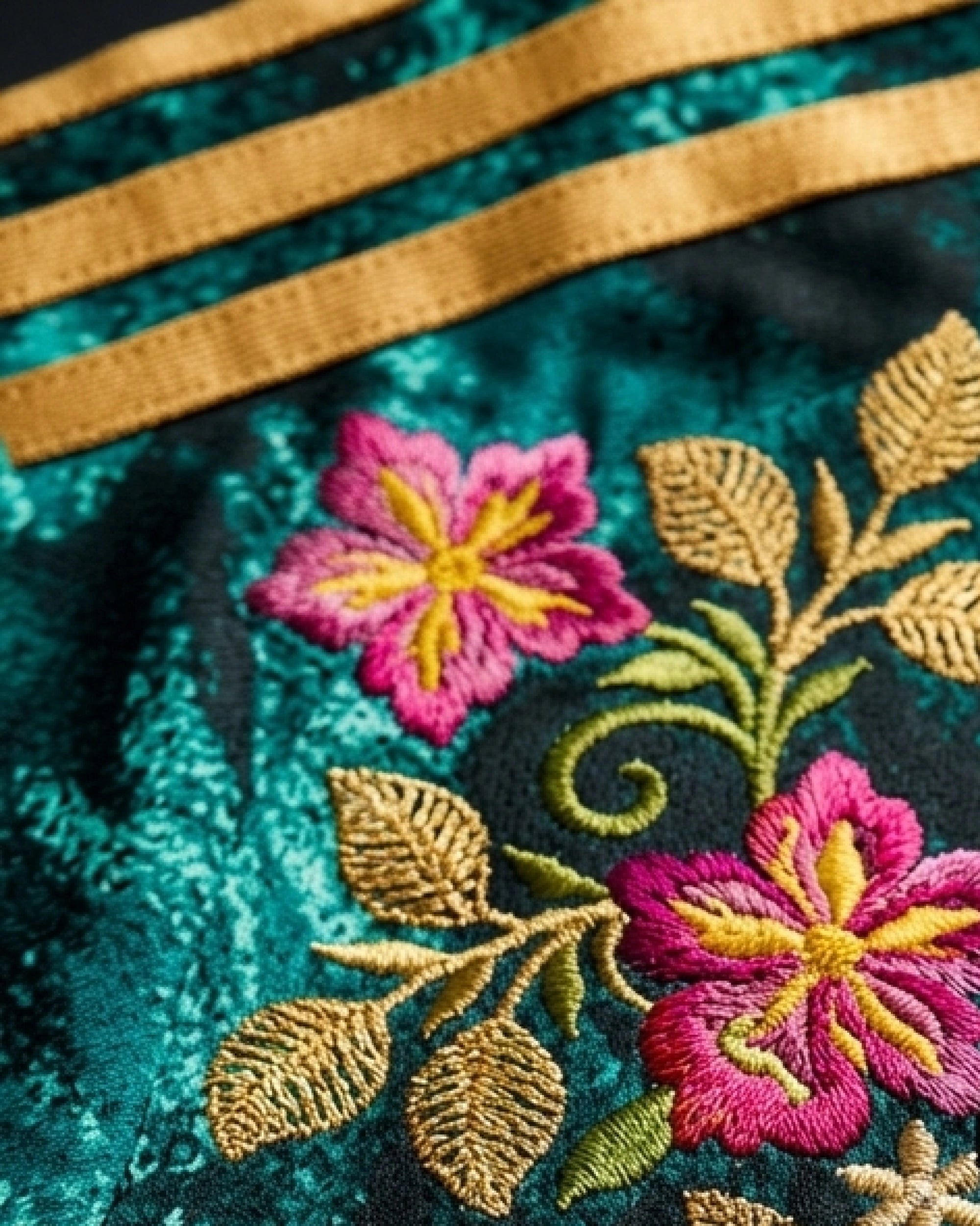 Detailed view of hand-embroidered fuchsia roses and gold satin-stitch leaves — Germany 'Schwarzwald' Edition — VOLTA Paris