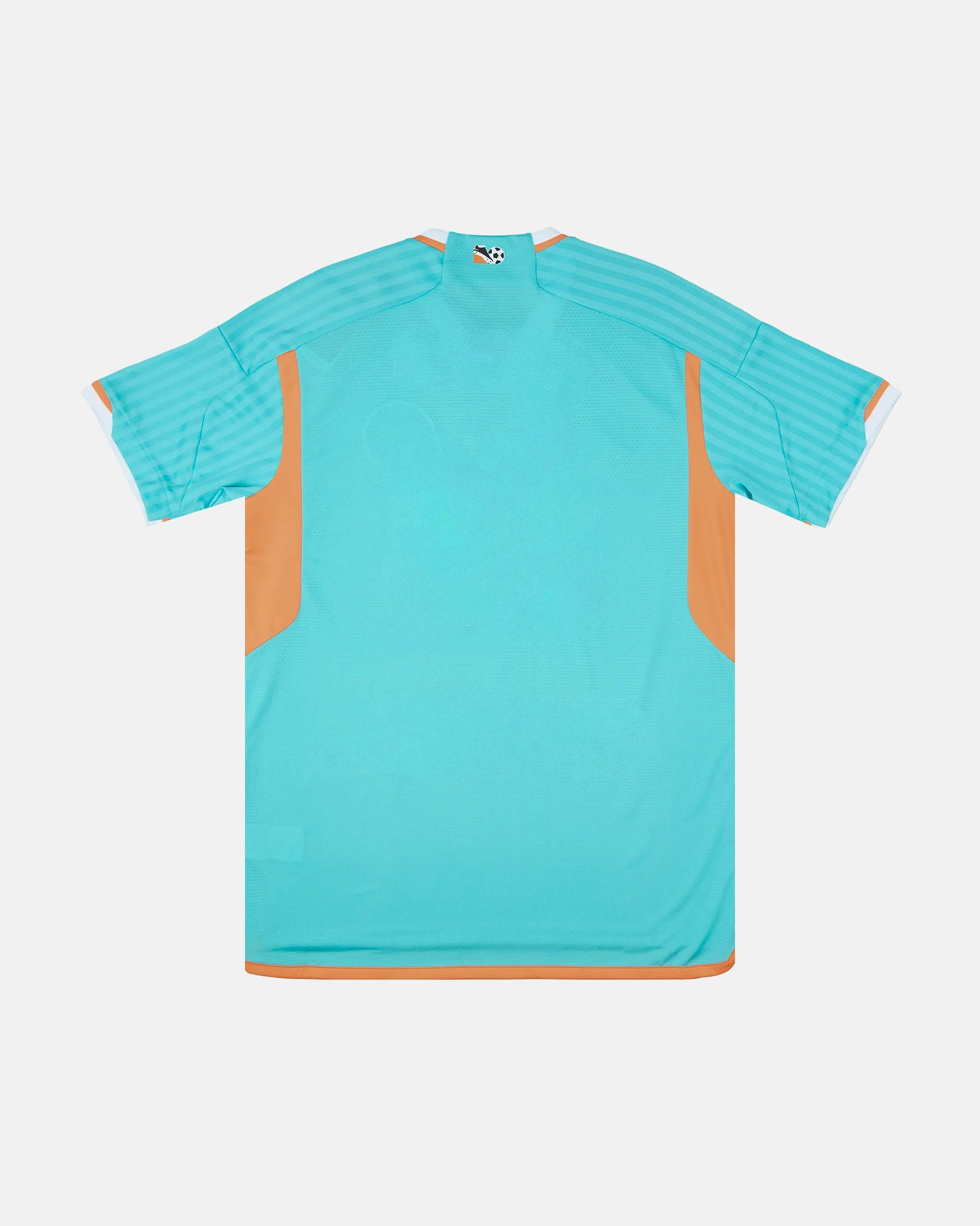 Full back view of the Inter Miami 2024 Jersey retro base, highlighting the clean coastal blue fabric, vibrant orange trim, and minimalist athletic cut.