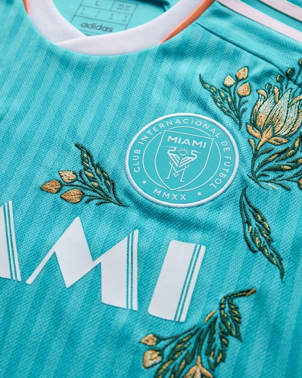 Mid-shot detail of the Inter Miami Messi Jersey Revisited, illustrating how the pink tropical blossoms and green leaves frame the retro font and logo.