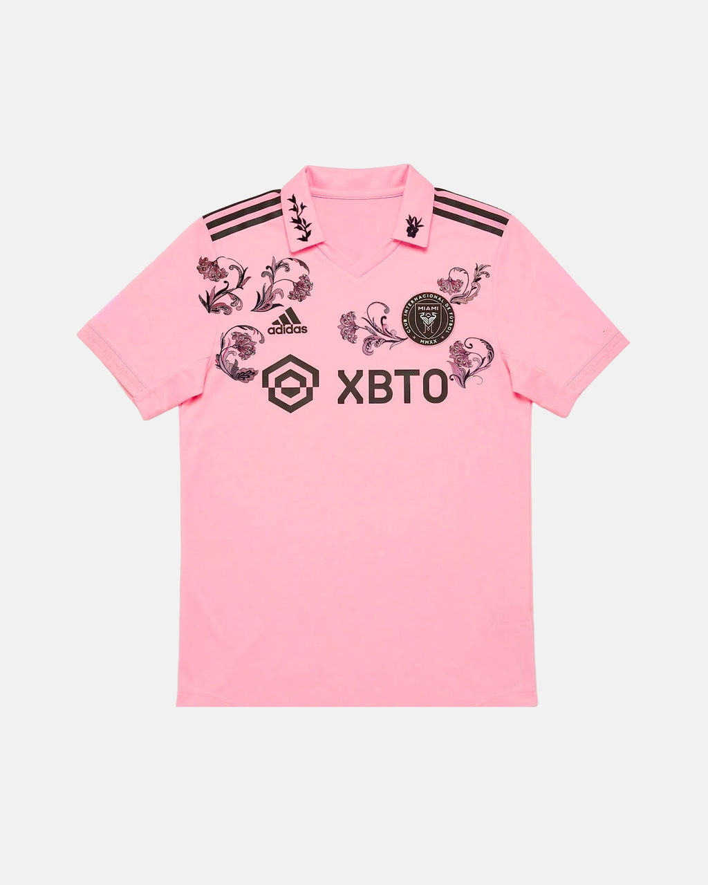 Full Front View Of The Bespoke Inter Miami Embroidered Jersey (Pink Baroque Edition), Showcasing The Flamingo Pink Base Decorated With Hand-Embroidered Dark Plum Baroque Floral Scrollwork.