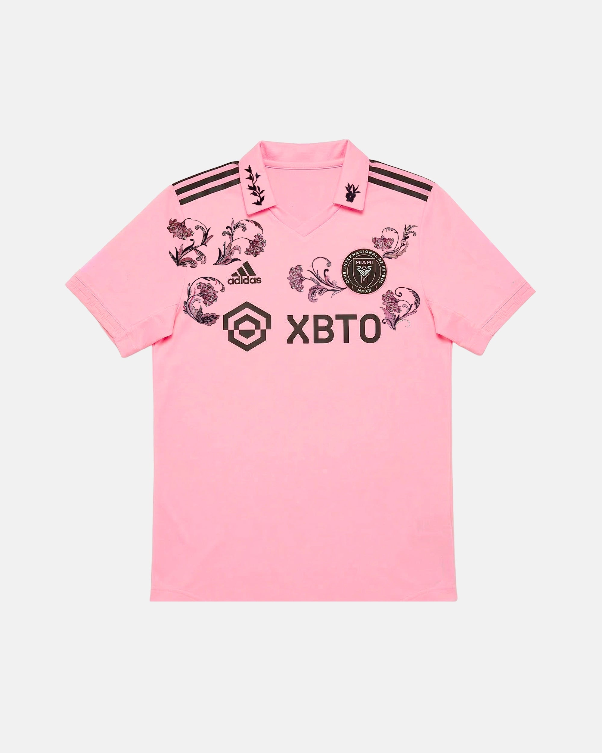 Full Front View Of The Bespoke Inter Miami Embroidered Jersey (Pink Baroque Edition), Showcasing The Flamingo Pink Base Decorated With Hand-Embroidered Dark Plum Baroque Floral Scrollwork.