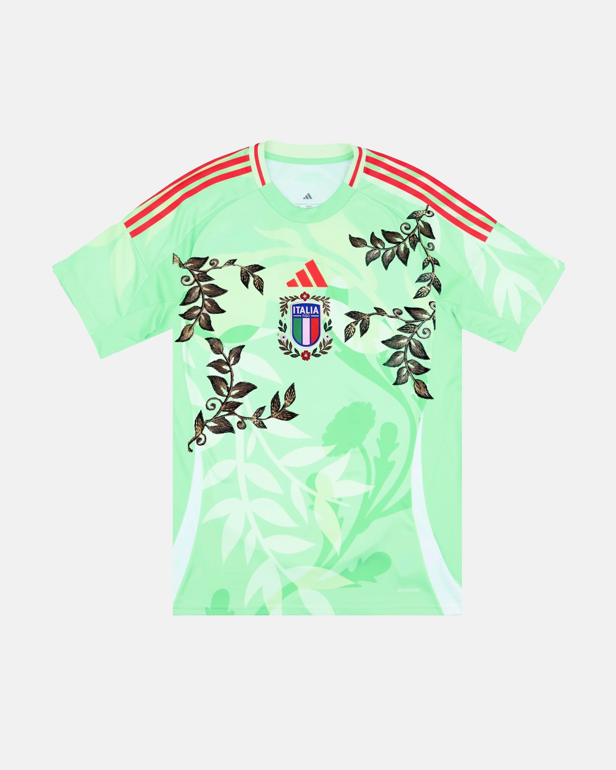 Full Front View Of The Bespoke Italy Extravagant Jersey (La Laurel Edition), Showcasing The Mint Green Patterned Base Decorated With Hand-Stitched Bronze Laurel Vines.