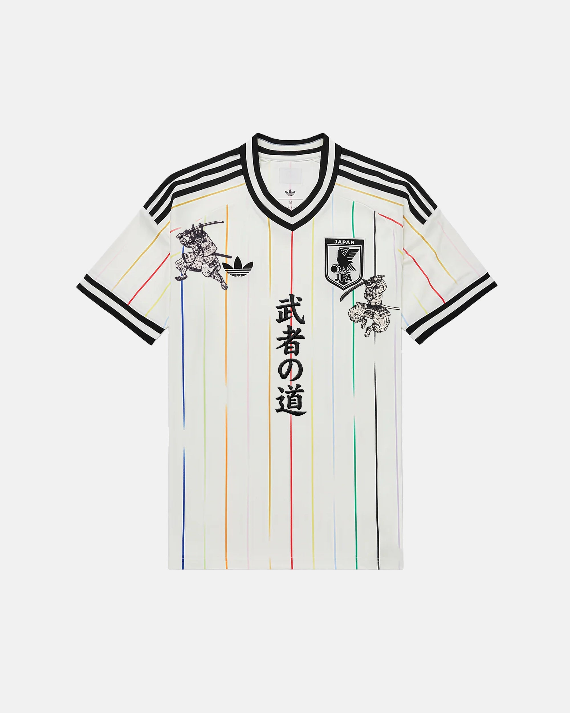 Full Front View Of The Bespoke Japan Embroidered Jersey (Bushido Pride Edition), Showcasing The White Rainbow Pinstripe Base Decorated With Hand-Stitched Black Kanji And Samurai Art.