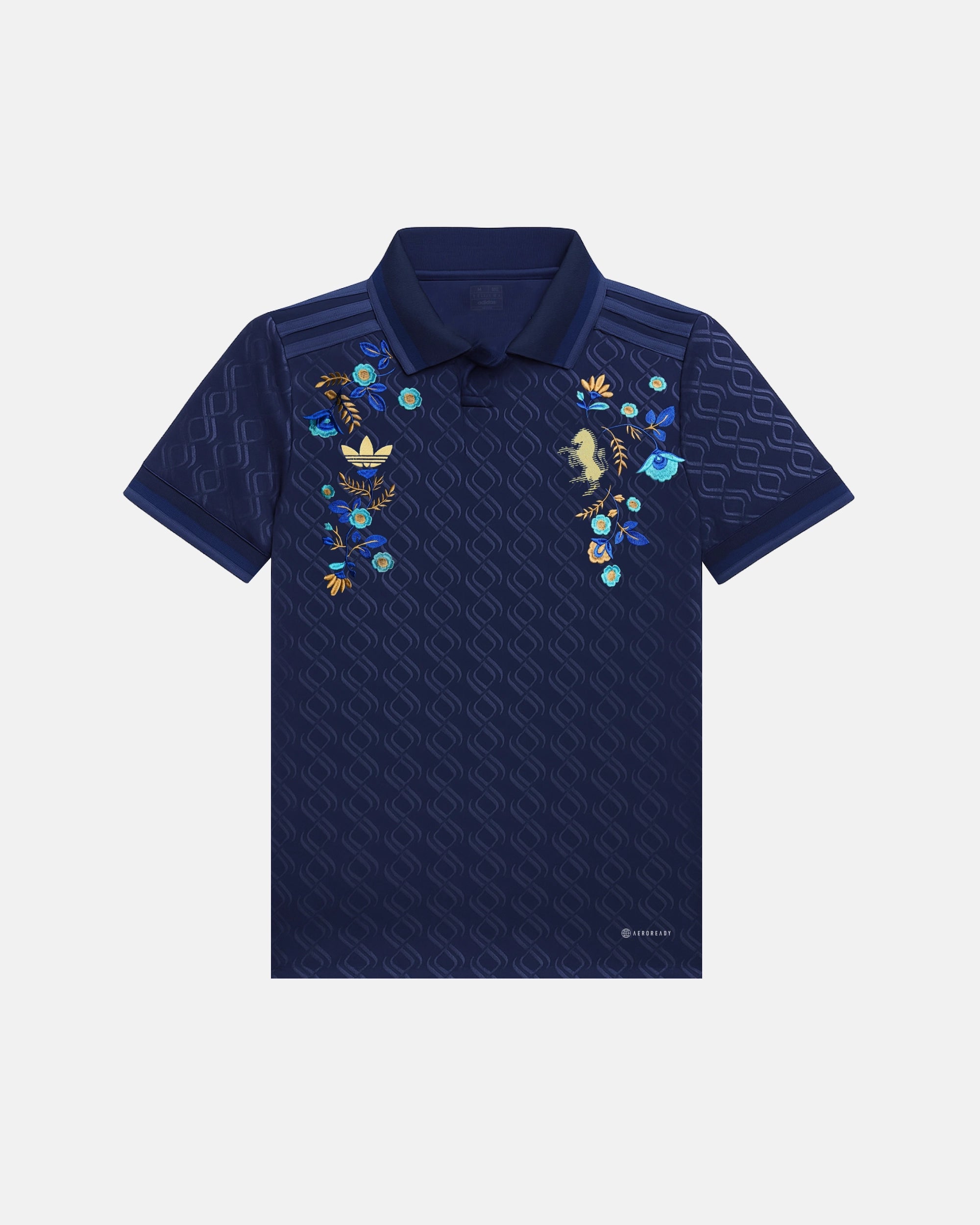 Full Front View Of The Juventus 2024/25 Jersey Reimagined (Royal Baroque Edition) In Navy Blue Featuring Custom Symmetrical Blue And Gold Flower Embroidery and A Golden Rampant Horse Crest.
