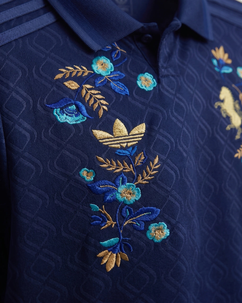 Macro Texture Shot Of The Juventus Concept Jersey Highlighting The Intricate High-Density Gold Thread Hand-Embroidered Rampant Horse Emblem.