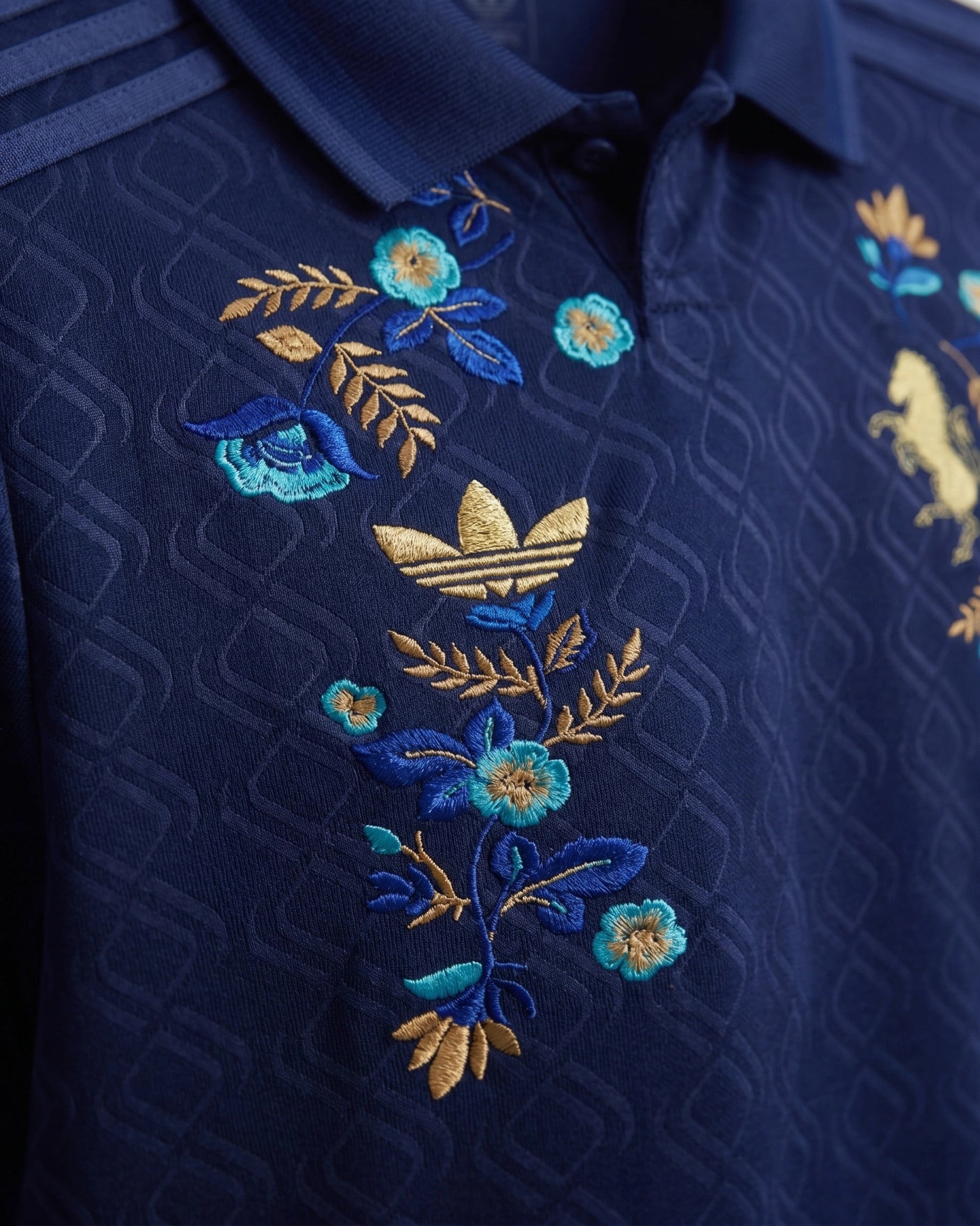 Macro Texture Shot Of The Juventus Concept Jersey Highlighting The Intricate High-Density Gold Thread Hand-Embroidered Rampant Horse Emblem.