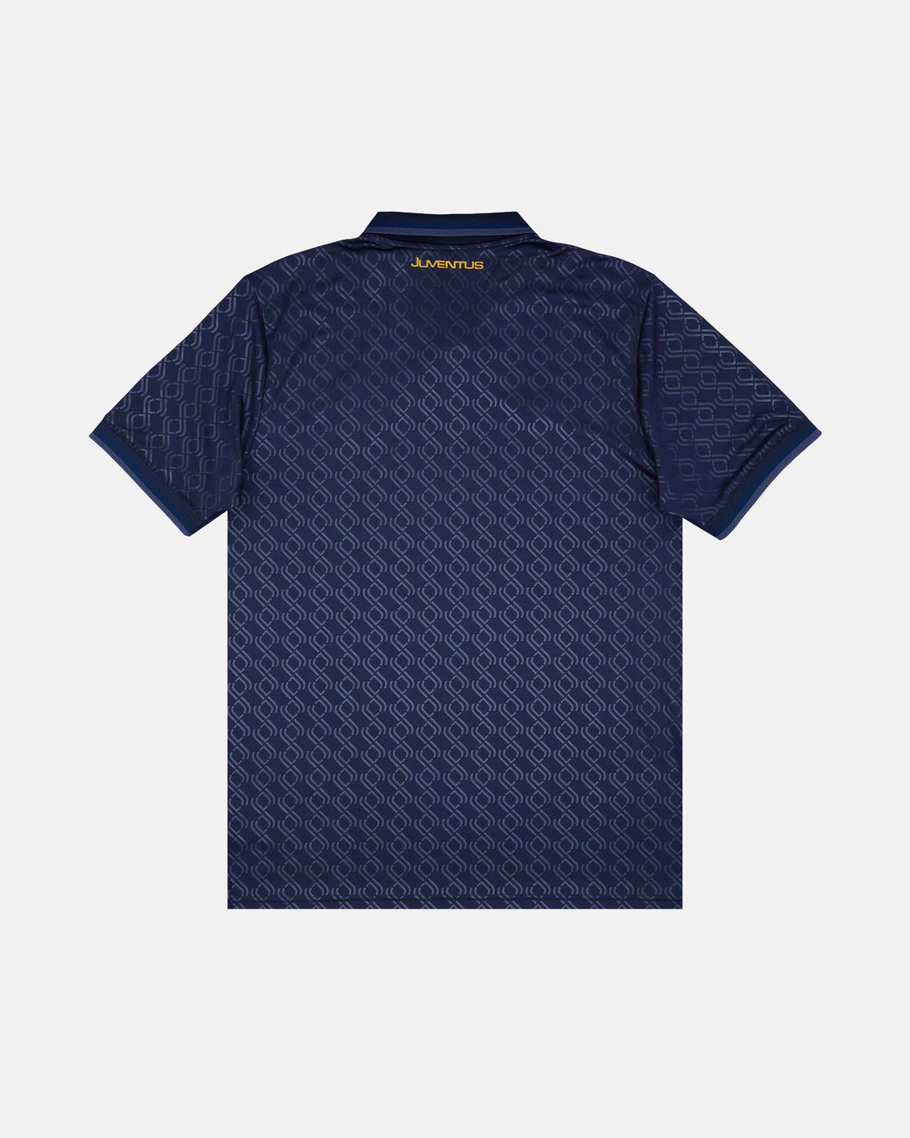 Full Back View Of The Navy Blue Juventus Embroidered Blue Jersey Base Highlighting The Woven Monogram Fabric Pattern And The Golden Script Logo On The Collar.