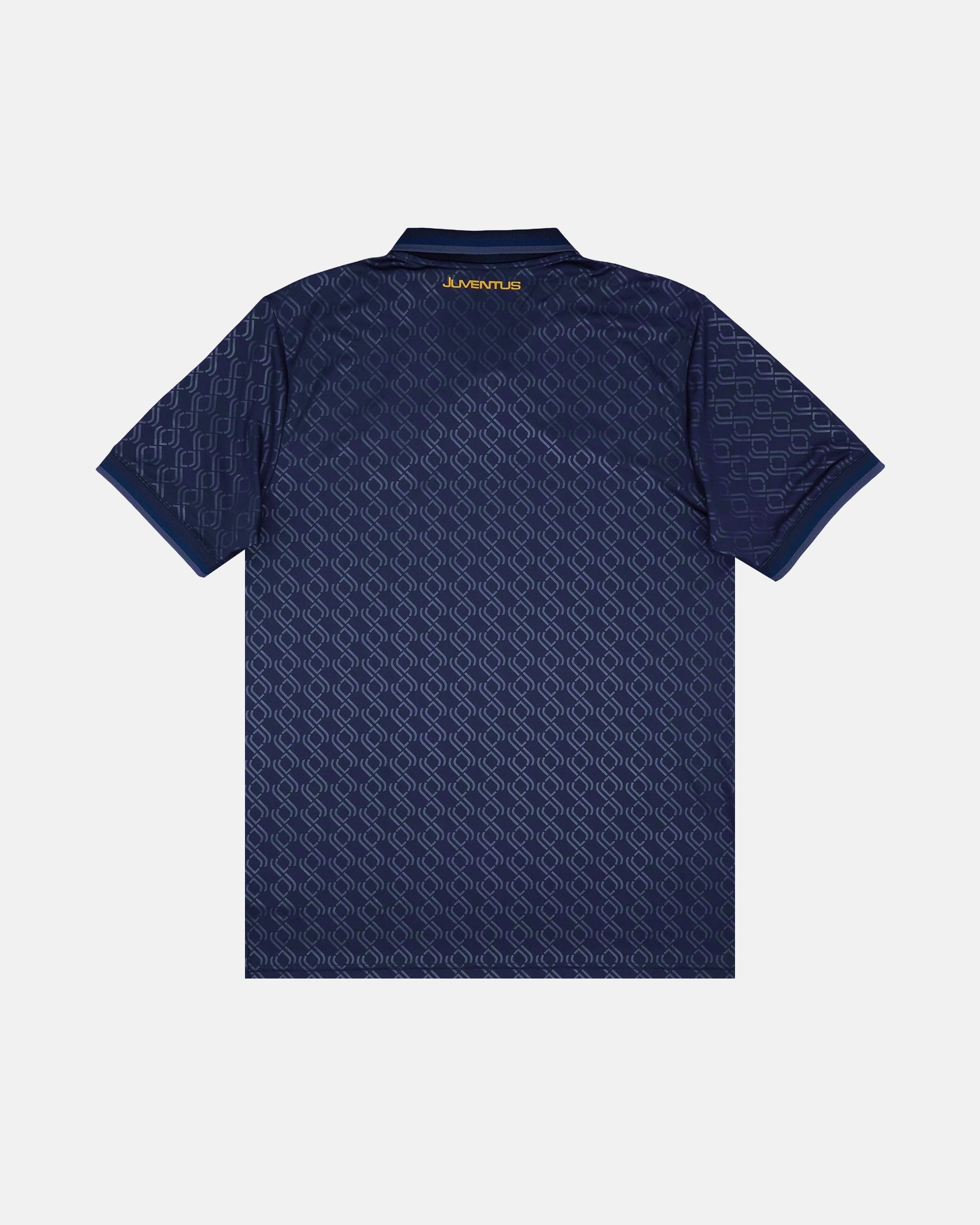 Full Back View Of The Navy Blue Juventus Embroidered Blue Jersey Base Highlighting The Woven Monogram Fabric Pattern And The Golden Script Logo On The Collar.