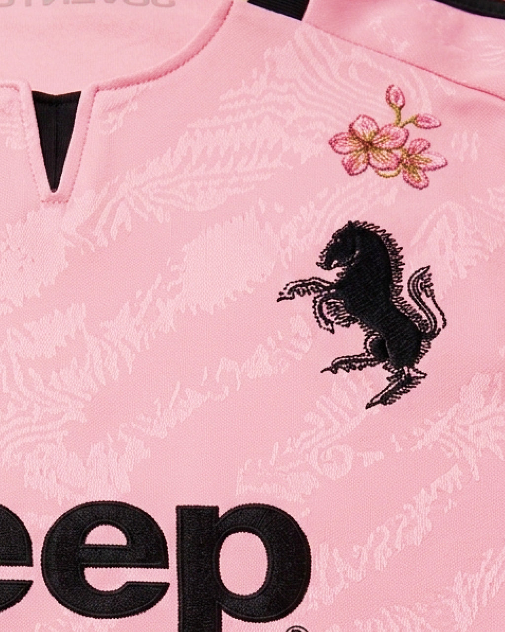 Hand-embroidered black Cavallino Rampante badge with pink blossom bud — Juventus 'Savoy Garden' Edition — VOLTA Paris