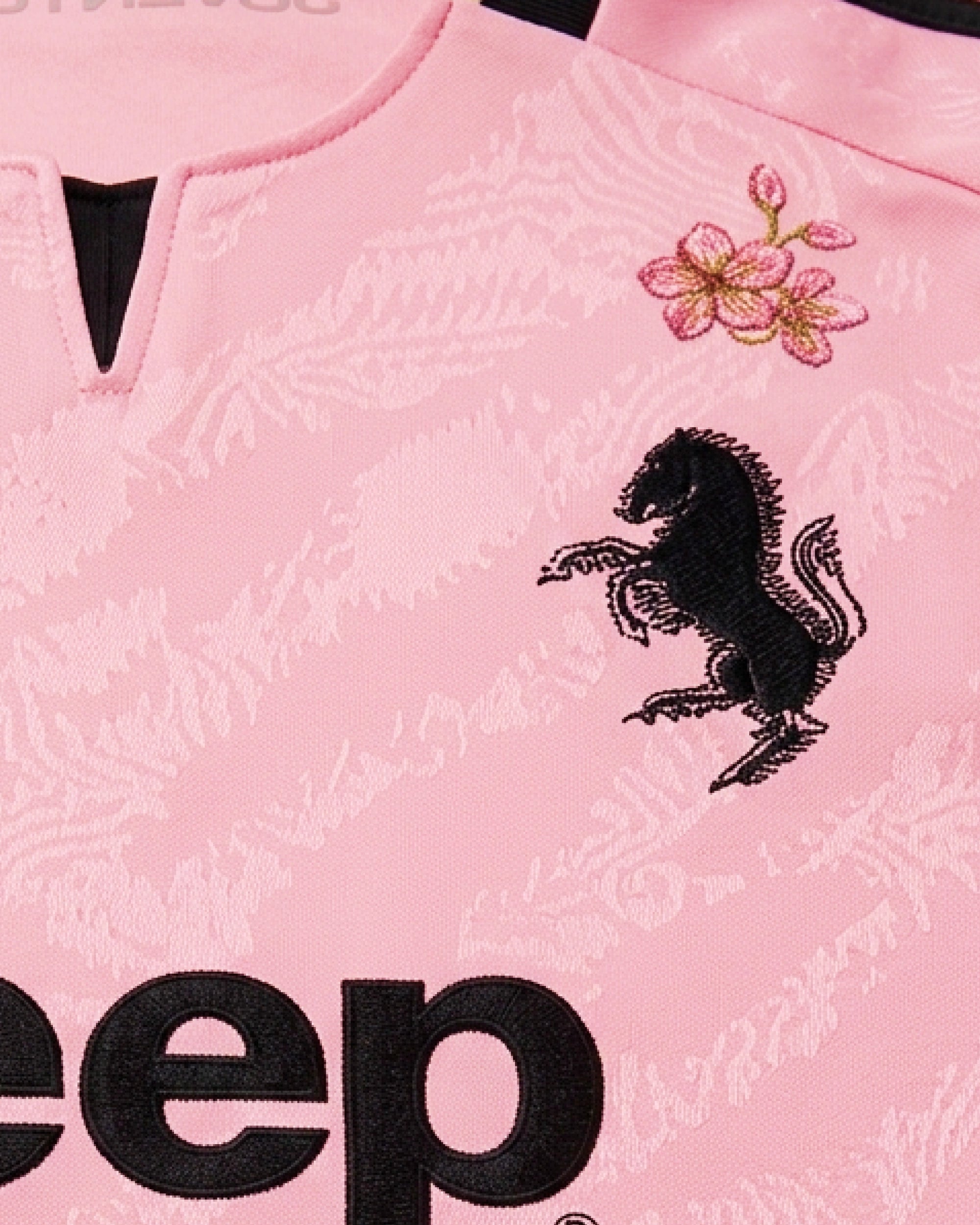 Hand-embroidered black Cavallino Rampante badge with pink blossom bud — Juventus 'Savoy Garden' Edition — VOLTA Paris