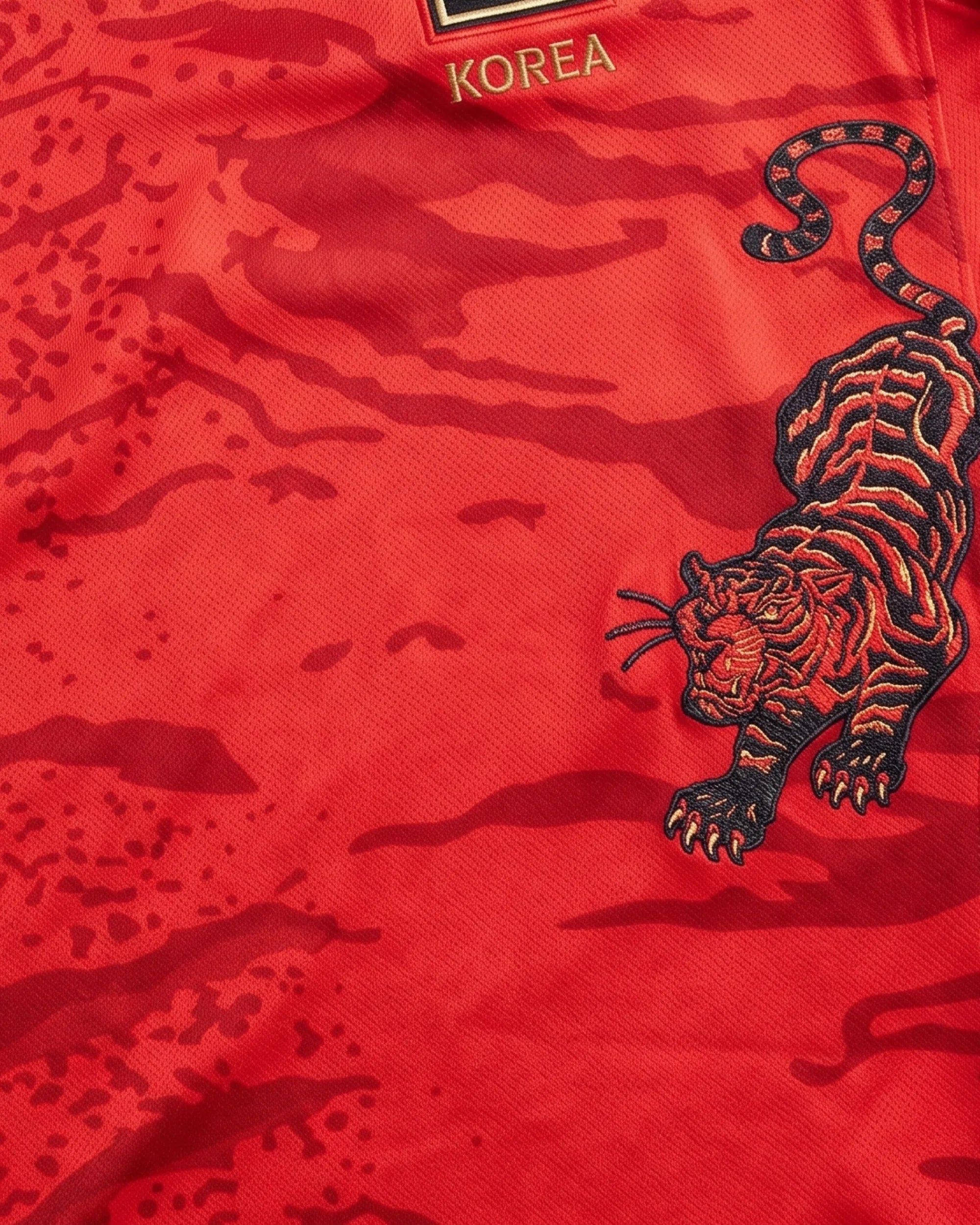 Macro Texture Shot Focusing On the Left Lower Torso Of the Custom Embroidered Korea Shirt, Highlighting Deep Red and Shimmering Gold Needlework Grains.
