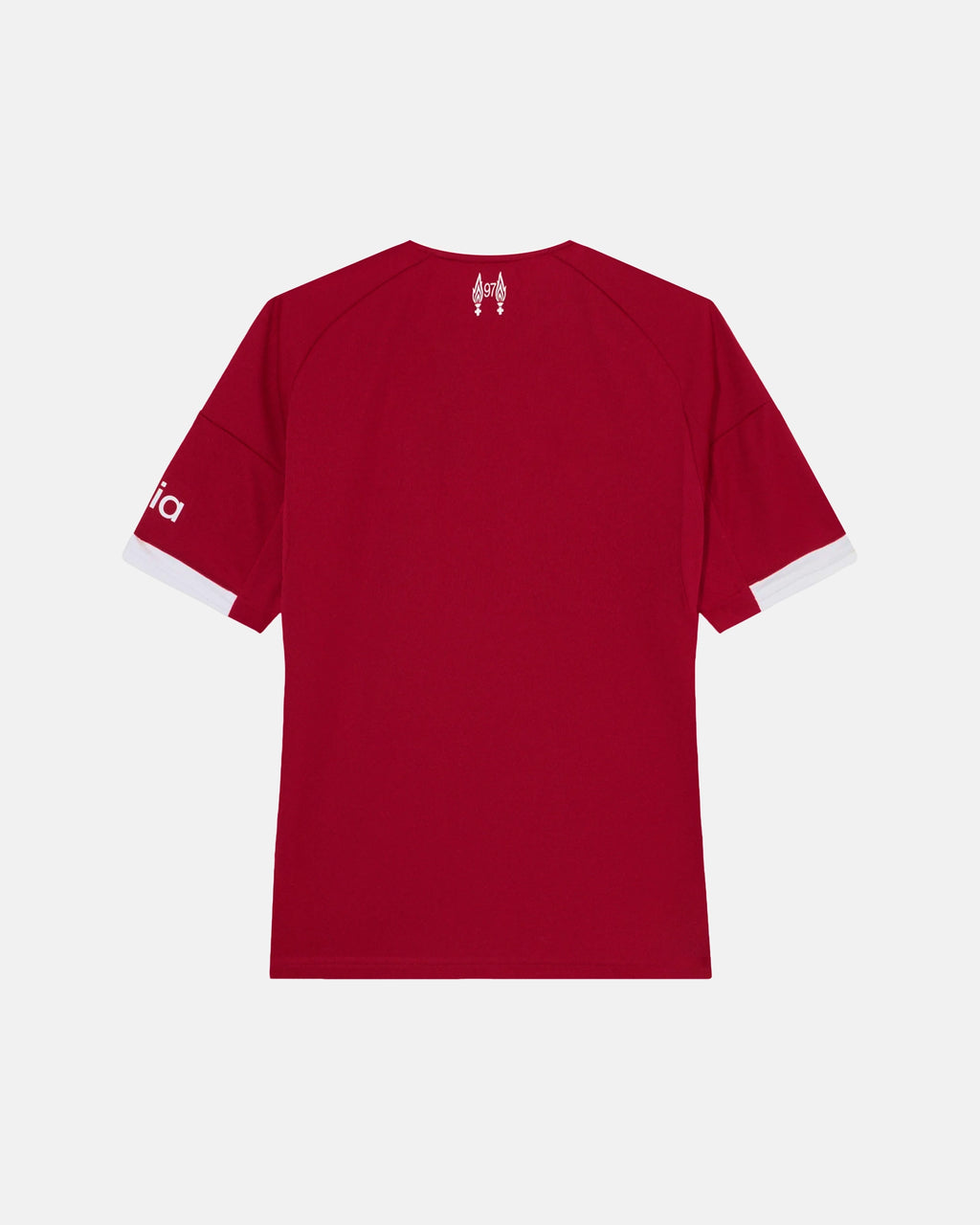 Full Back View Of The Liverpool Concept Jersey Base, Highlighting The Clean Red Fabric, White Collar Detailing, And Red Eternal Flames Neck Tribute.