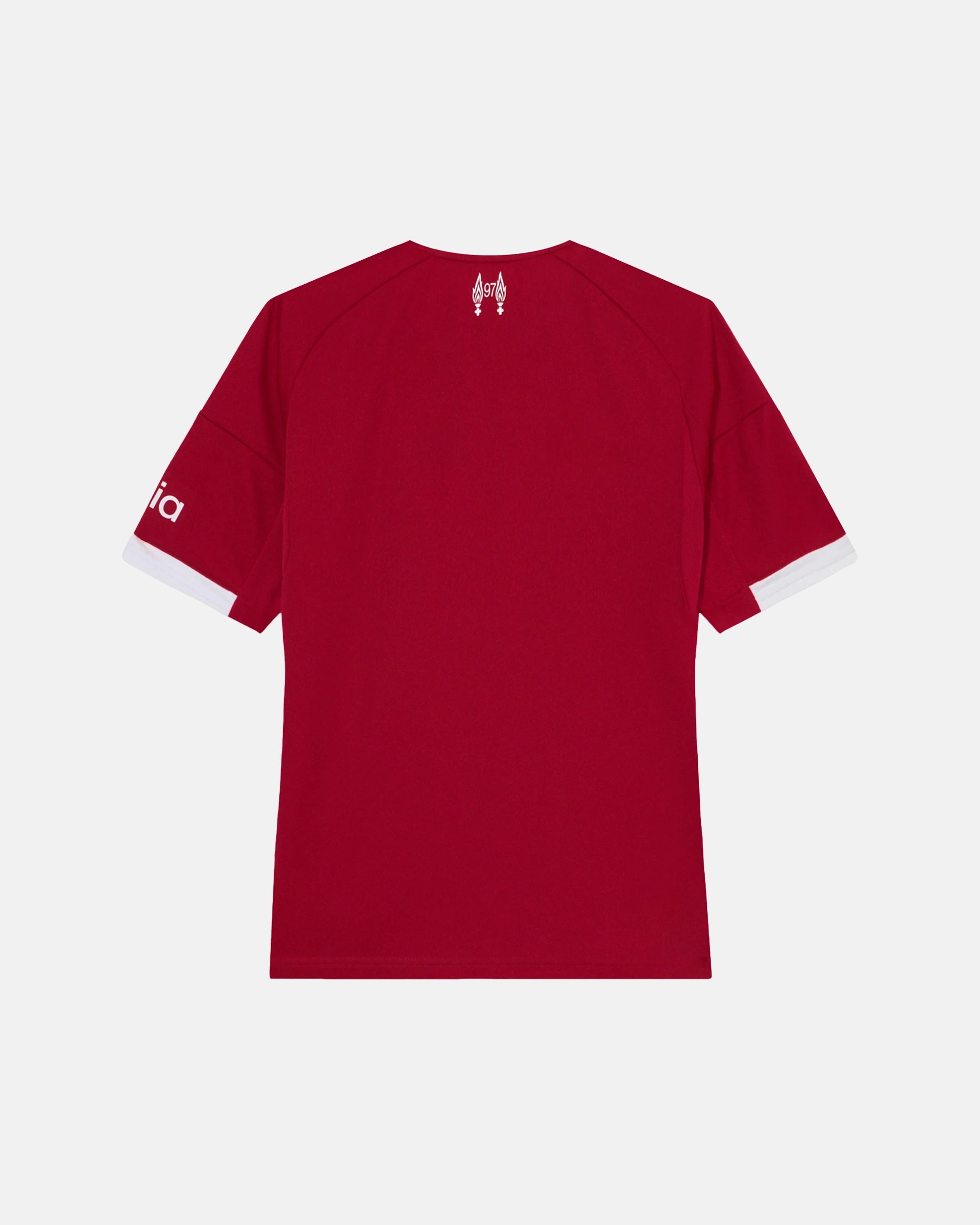 Full Back View Of The Liverpool Concept Jersey Base, Highlighting The Clean Red Fabric, White Collar Detailing, And Red Eternal Flames Neck Tribute.