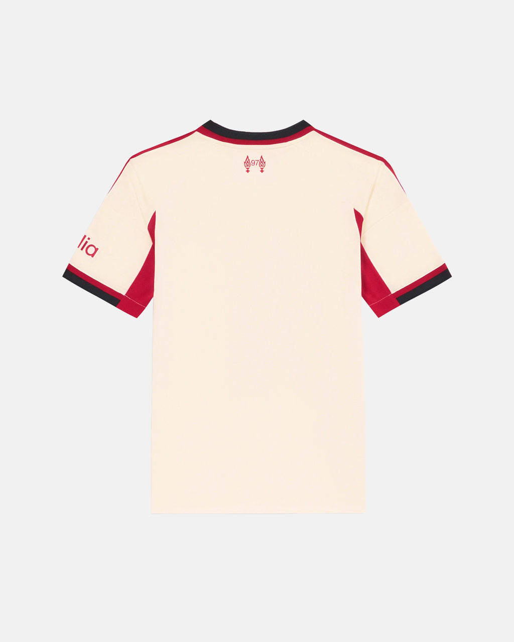 Full Back View Of The Liverpool Concept Jersey Base, Highlighting The Clean Off-White Lifestyle Performance Fabric, Crimson Trim, And Red Eternal Flames Neck Tribute.