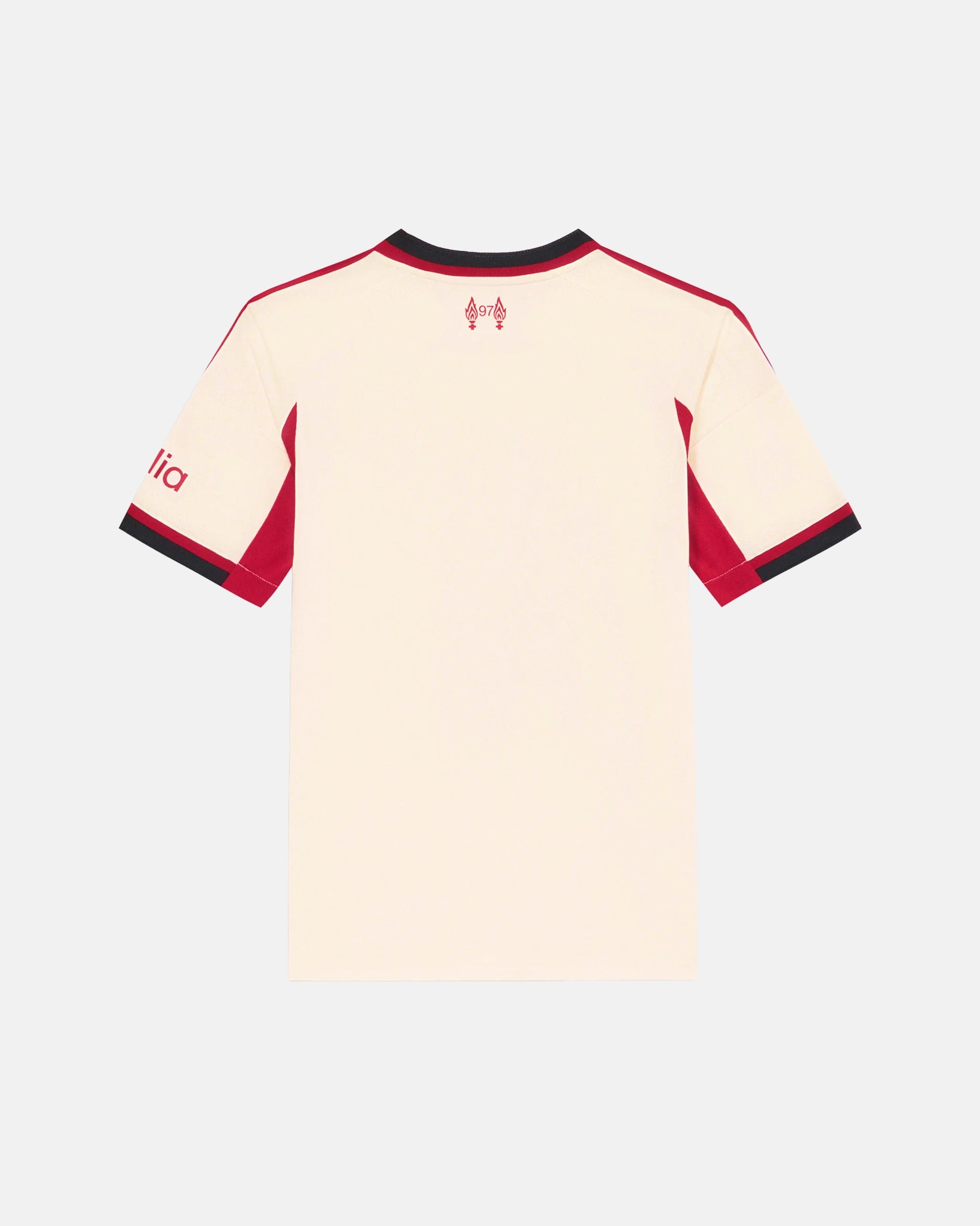 Full Back View Of The Liverpool Concept Jersey Base, Highlighting The Clean Off-White Lifestyle Performance Fabric, Crimson Trim, And Red Eternal Flames Neck Tribute.