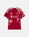 Full Front View Of The Bespoke Liverpool Embroidered Jersey (Golden Paradise Edition), Showcasing The Crimson Base Decorated With Hand-Stitched White Birds And Gold Flowers.