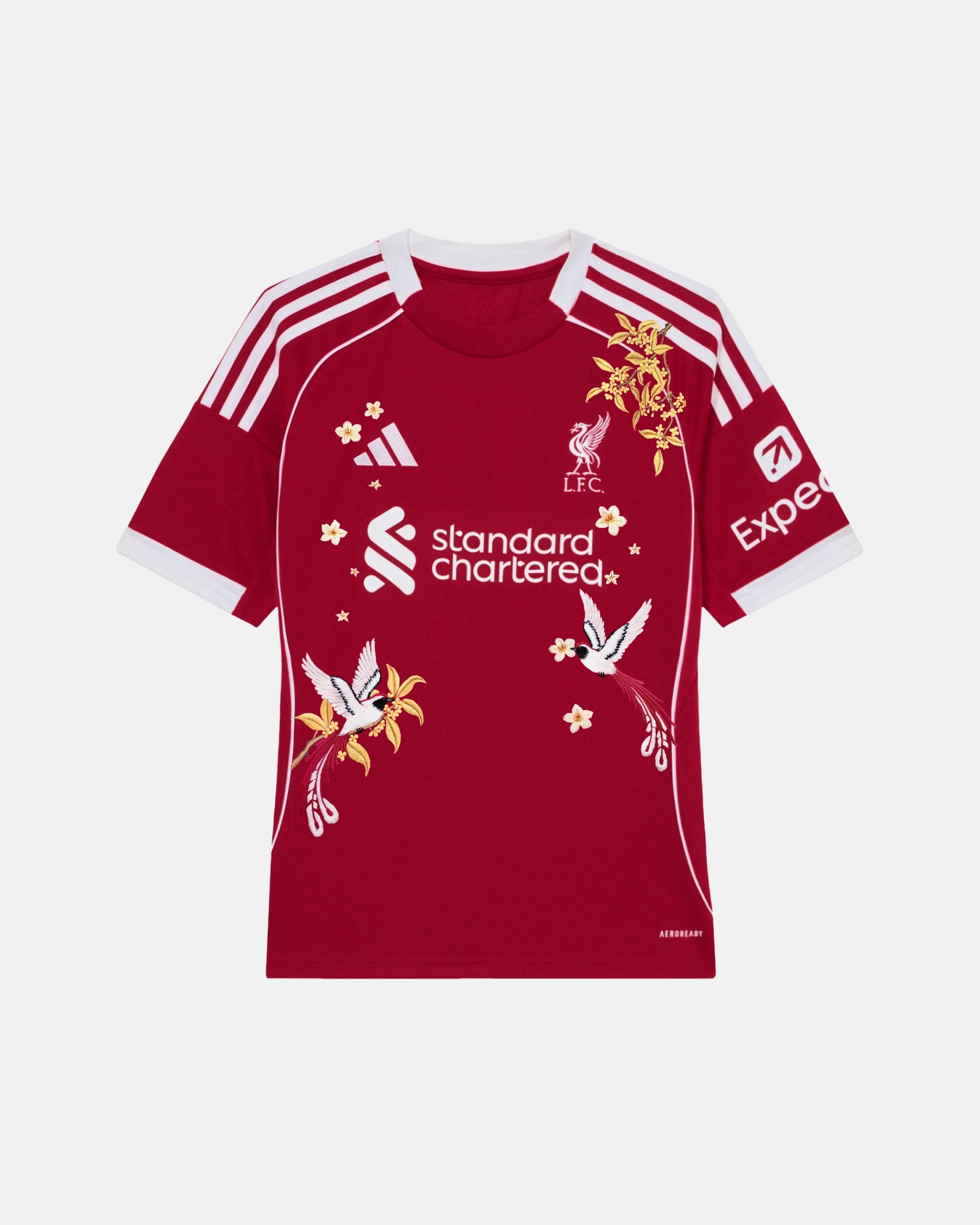 Full Front View Of The Bespoke Liverpool Embroidered Jersey (Golden Paradise Edition), Showcasing The Crimson Base Decorated With Hand-Stitched White Birds And Gold Flowers.