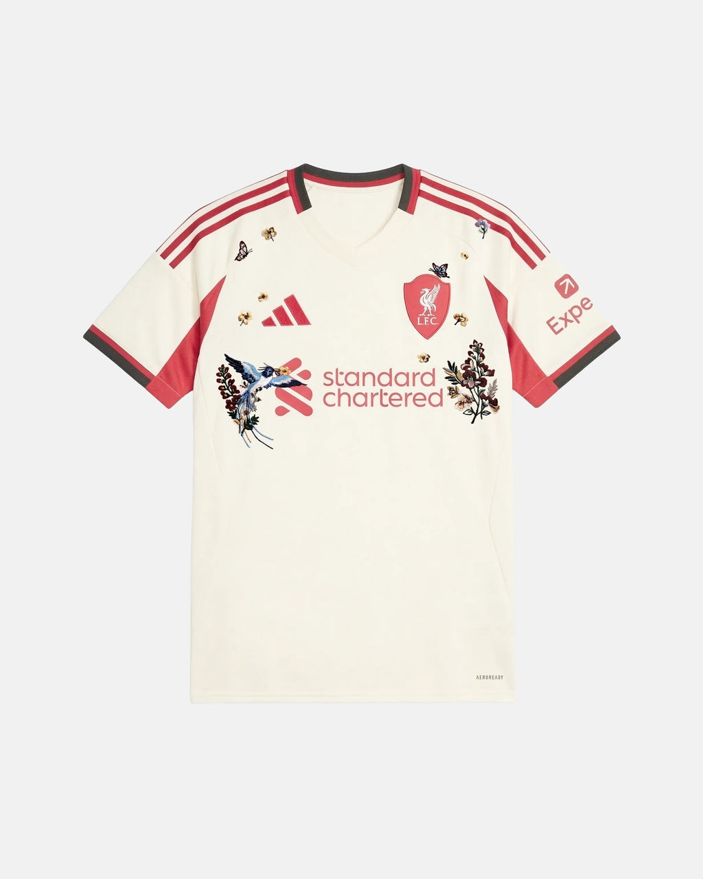 Full Front View Of The Bespoke Liverpool Embroidered White Jersey (Mersey Paradise Edition), Showcasing The Off-White Ecru Base Decorated With Hand-Stitched Kingfisher Bird And Crimson Floral Art.