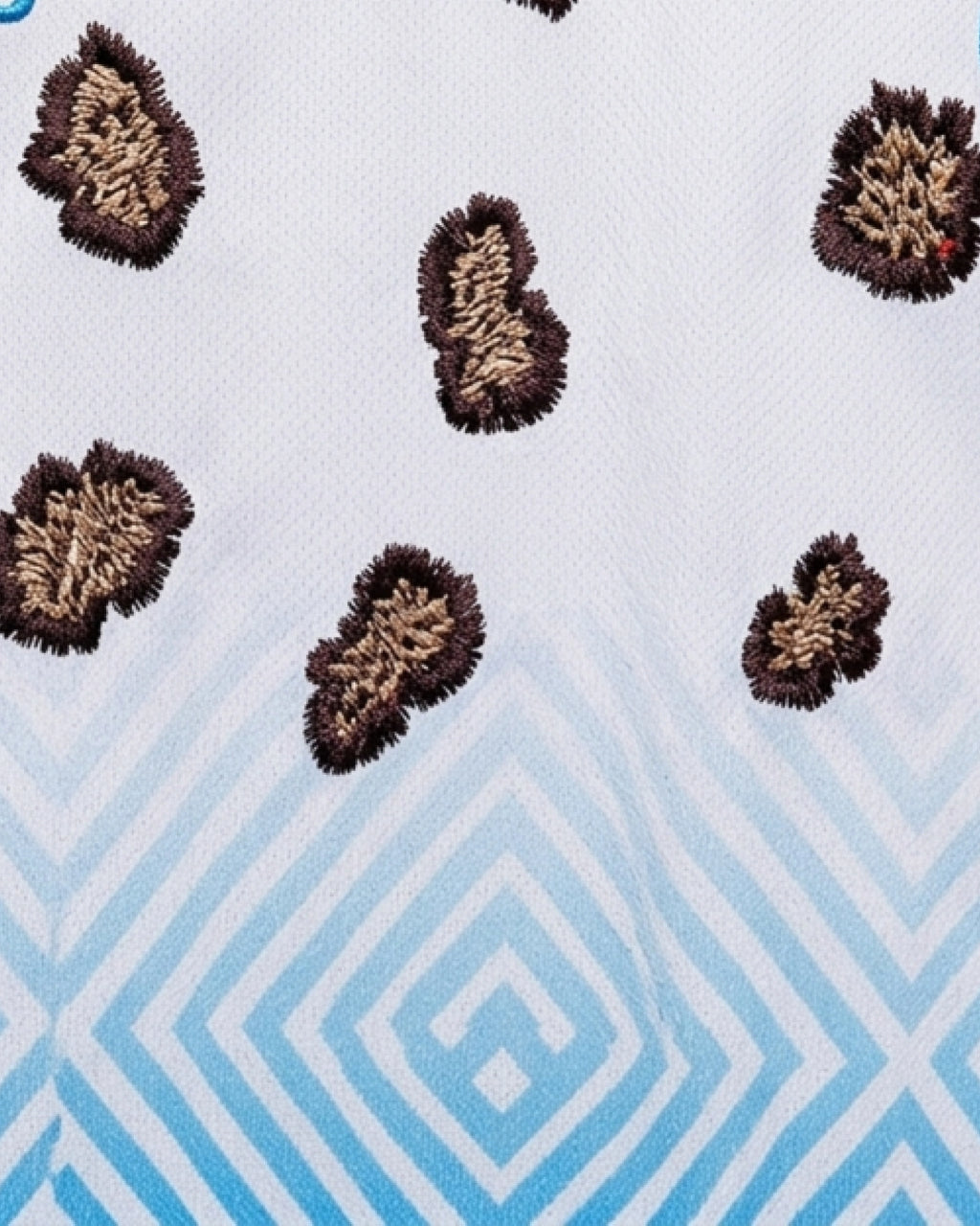 Extreme Micro Close-Up Texture Shot Focus On The Embroidered Leopard Rosettes, Displaying The Multi-Tonal Espresso Brown and Gold Shimmer Stitches.