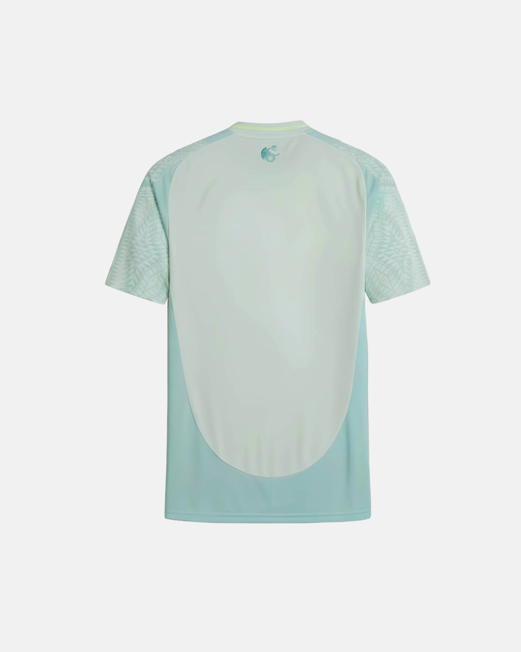 Full Back View Of The Mexico Concept Jersey Base, Highlighting The Clean Mint Performance Mesh, Geometric Shoulder Panel Details, And Teal Rear Collar Emblem.