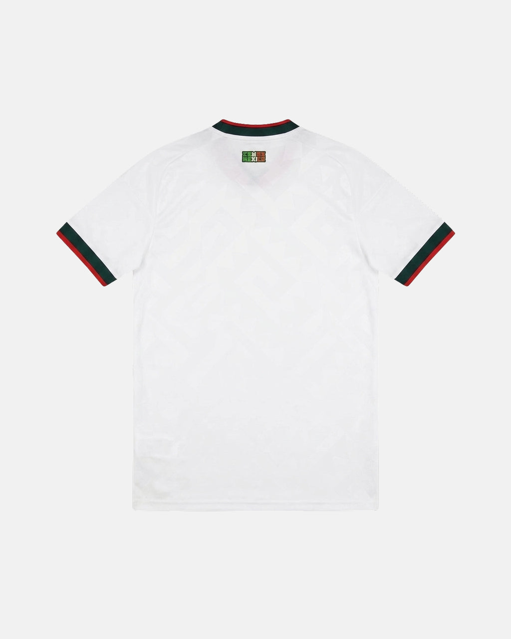 Full Back View Of The Mexico Home 2026 Jersey Revisited Base, Highlighting The Sublimated Aztec Pattern and Tricolor Stamped Neck Crest Detail.