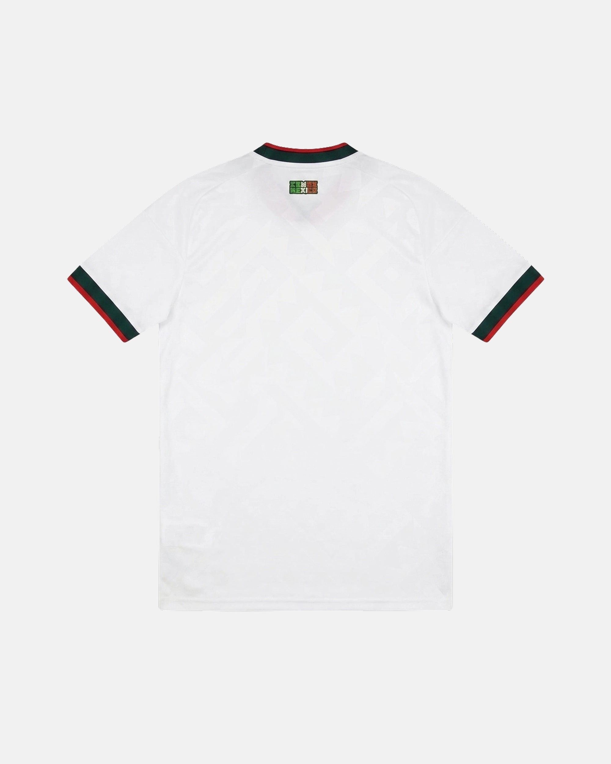 Full Back View Of The Mexico Home 2026 Jersey Revisited Base, Highlighting The Sublimated Aztec Pattern and Tricolor Stamped Neck Crest Detail.