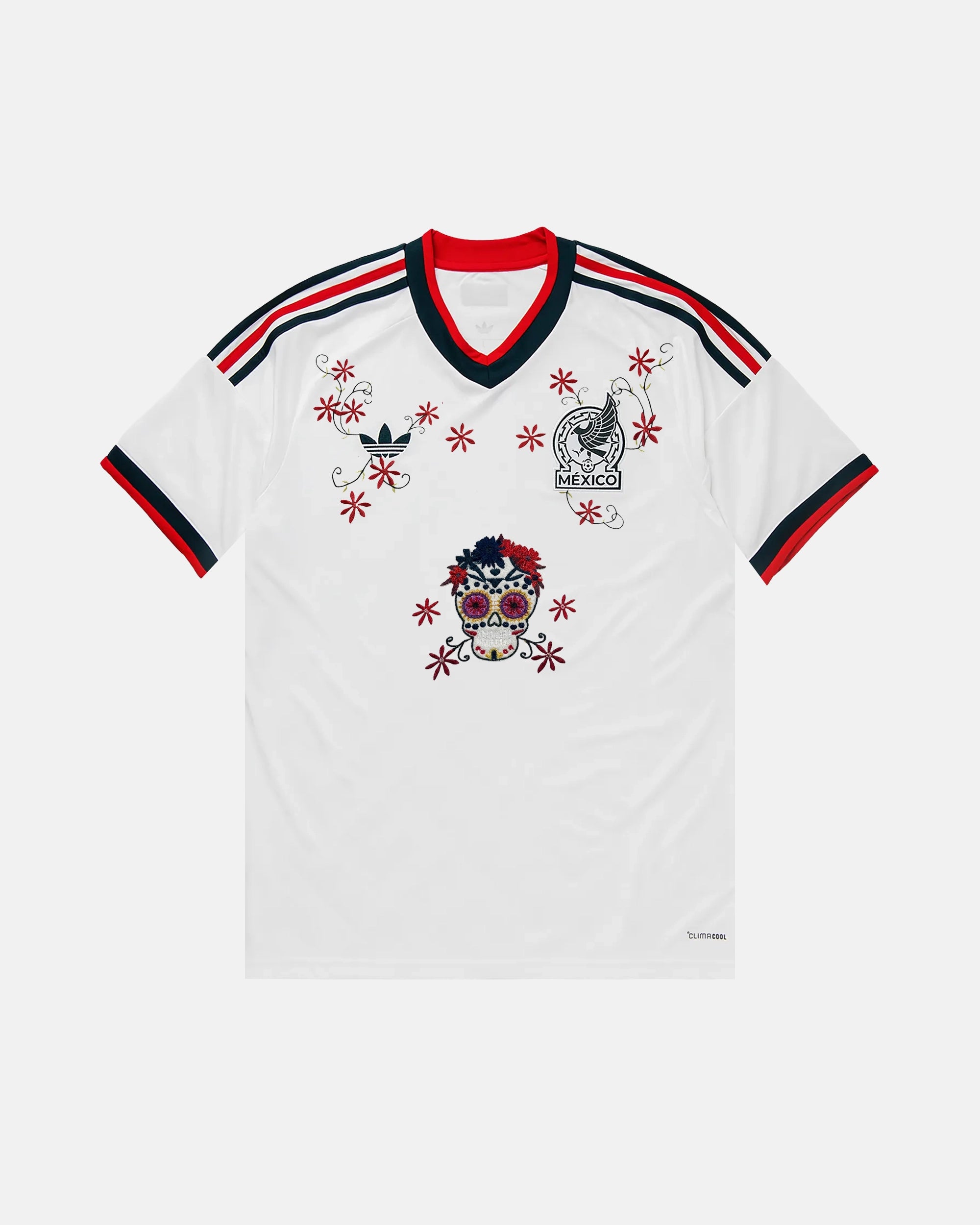 Full Front View Of The Bespoke Mexico World Cup 2026 Jersey Reimagined, Showcasing The White Base, Tricolor Cuffs, Crimson Floral Vines, And Center Sugar Skull.