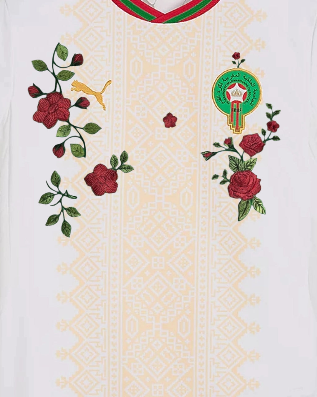 Close-up of hand-embroidered crimson damask rose bouquet with green satin-stitch leaves — Morocco 'Atlas Rose' Edition — VOLTA Paris