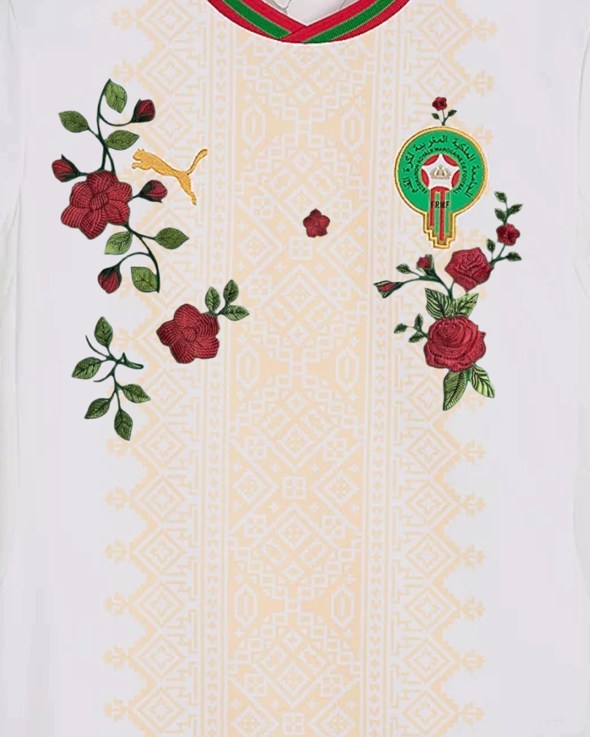 Close-up of hand-embroidered crimson damask rose bouquet with green satin-stitch leaves — Morocco 'Atlas Rose' Edition — VOLTA Paris