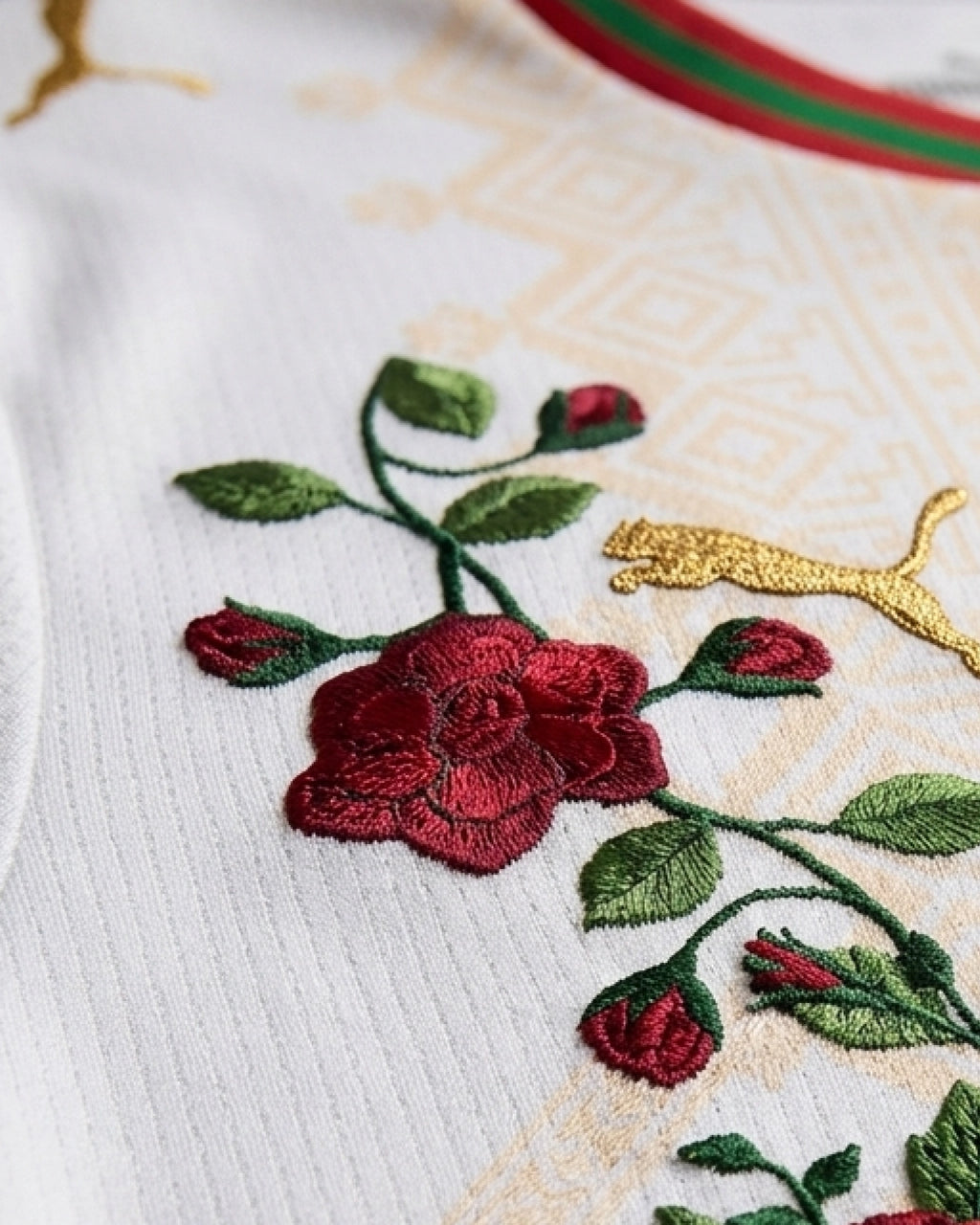 Hand-embroidered deep crimson rose bloom beside gold kit logo on Amazigh geometric panel — Morocco 'Atlas Rose' Edition — VOLTA Paris