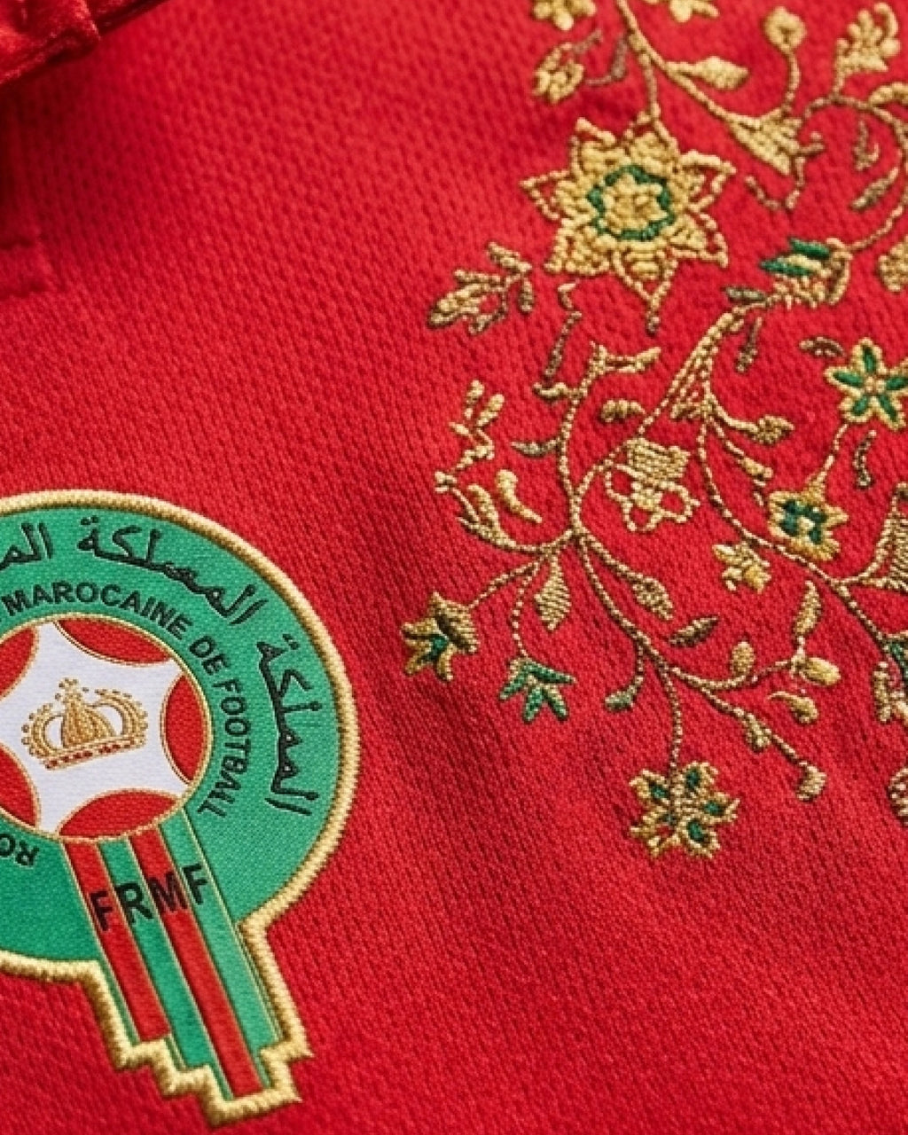 Detailed view of hand-embroidered gold open flowers with green centres on crimson — Morocco 'Fassi Gold' Edition — VOLTA Paris