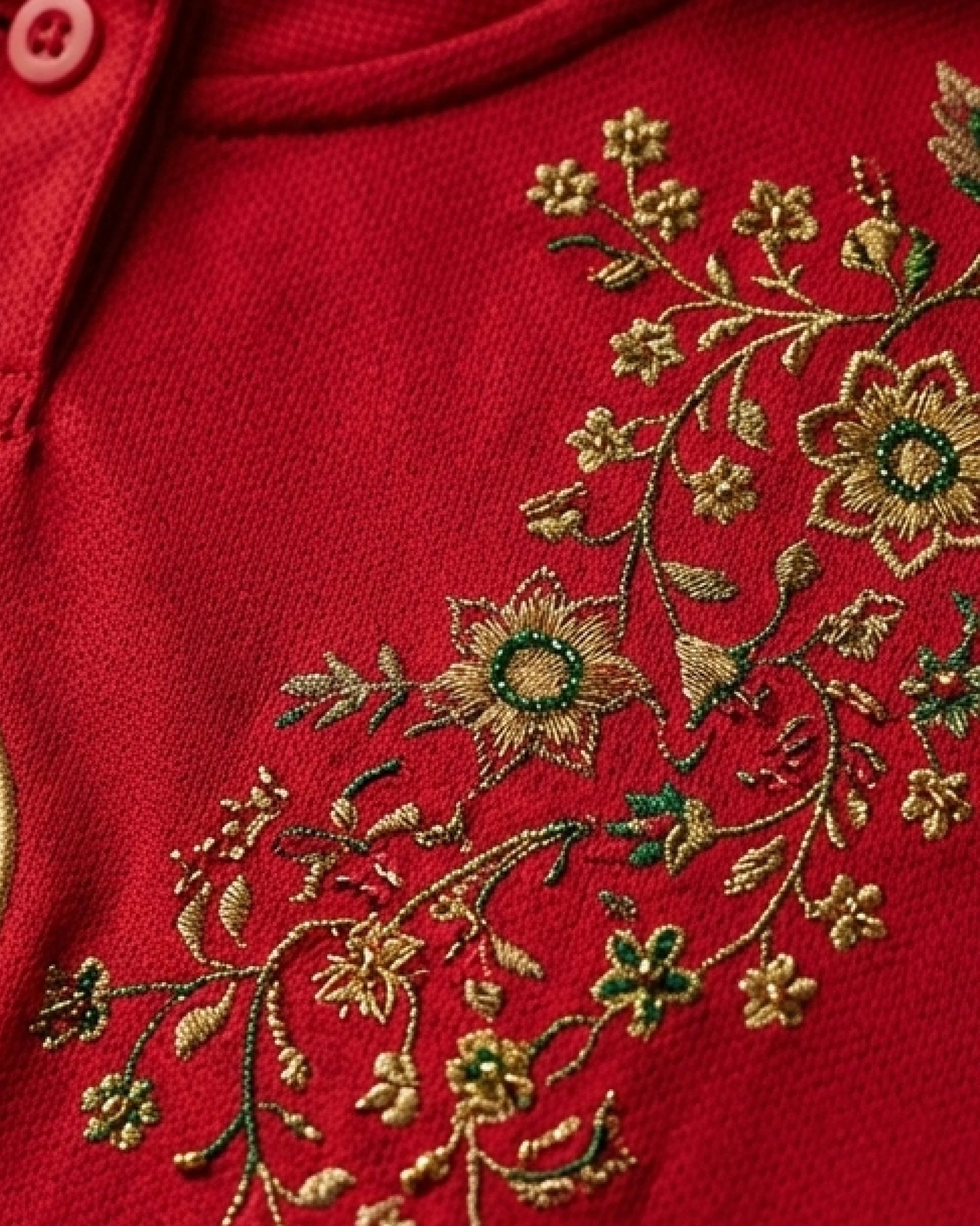 Hand-embroidered ascending gold floral arabesque on Morocco crimson home jersey — VOLTA Paris