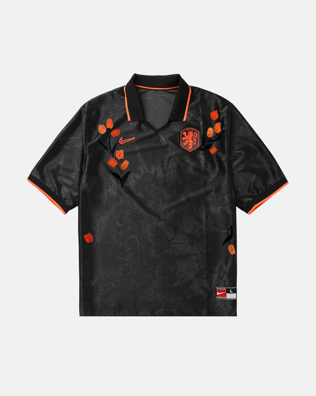 Netherlands hand-embroidered concept jersey front view — orange tulip botanical art on authentic black crinkle jacquard base with KNVB lion crest — VOLTA Black Tulip Edition