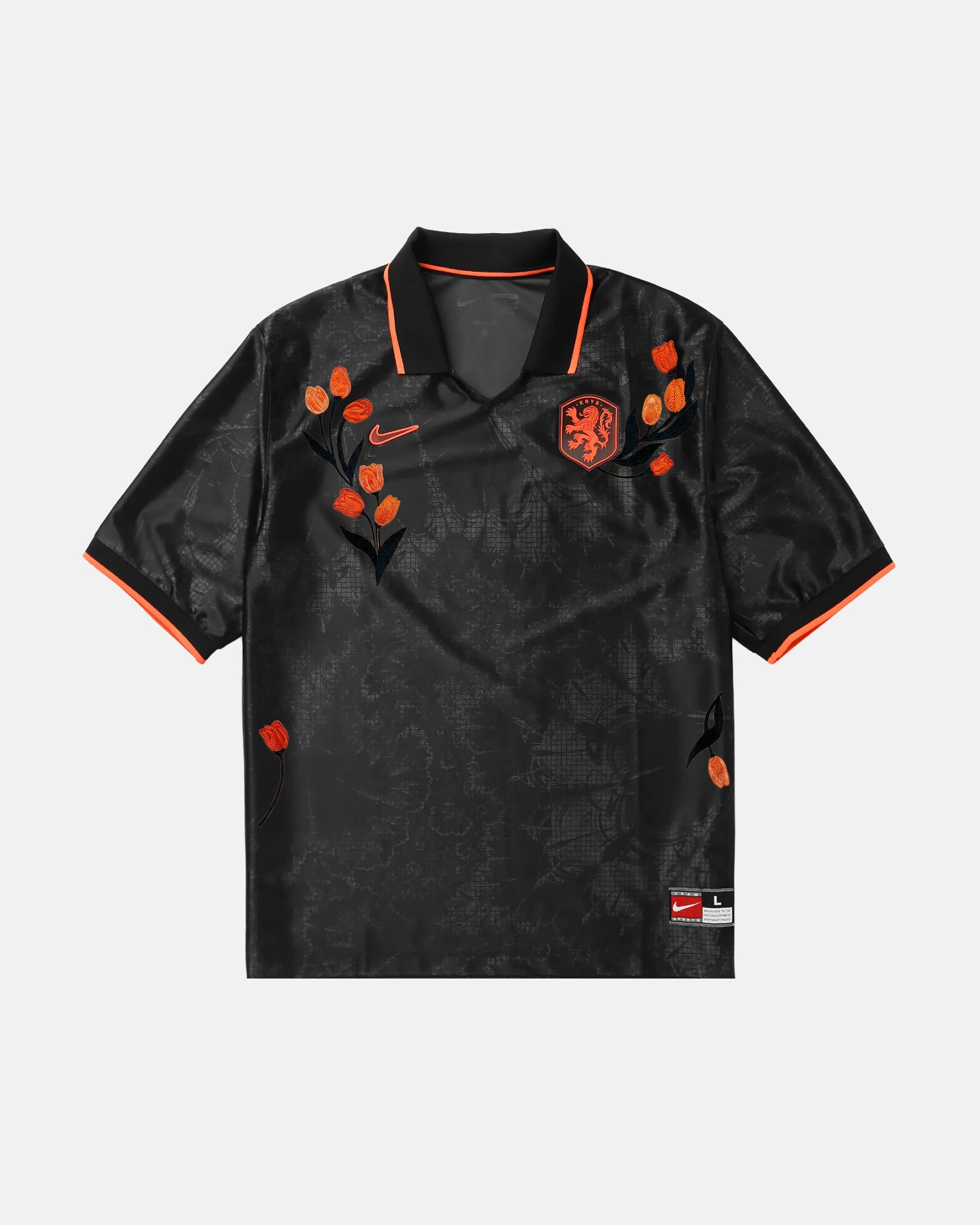 Netherlands hand-embroidered concept jersey front view — orange tulip botanical art on authentic black crinkle jacquard base with KNVB lion crest — VOLTA Black Tulip Edition