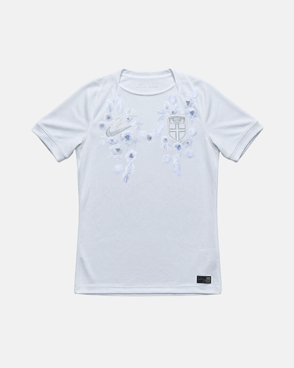 Full front view of the bespoke Norway 'Frozen' Edition Norway Concept Jersey, featuring intricate icy-blue floral botanical art and 3D pearls hand-stitched across the chest of the Norway White Jersey base.